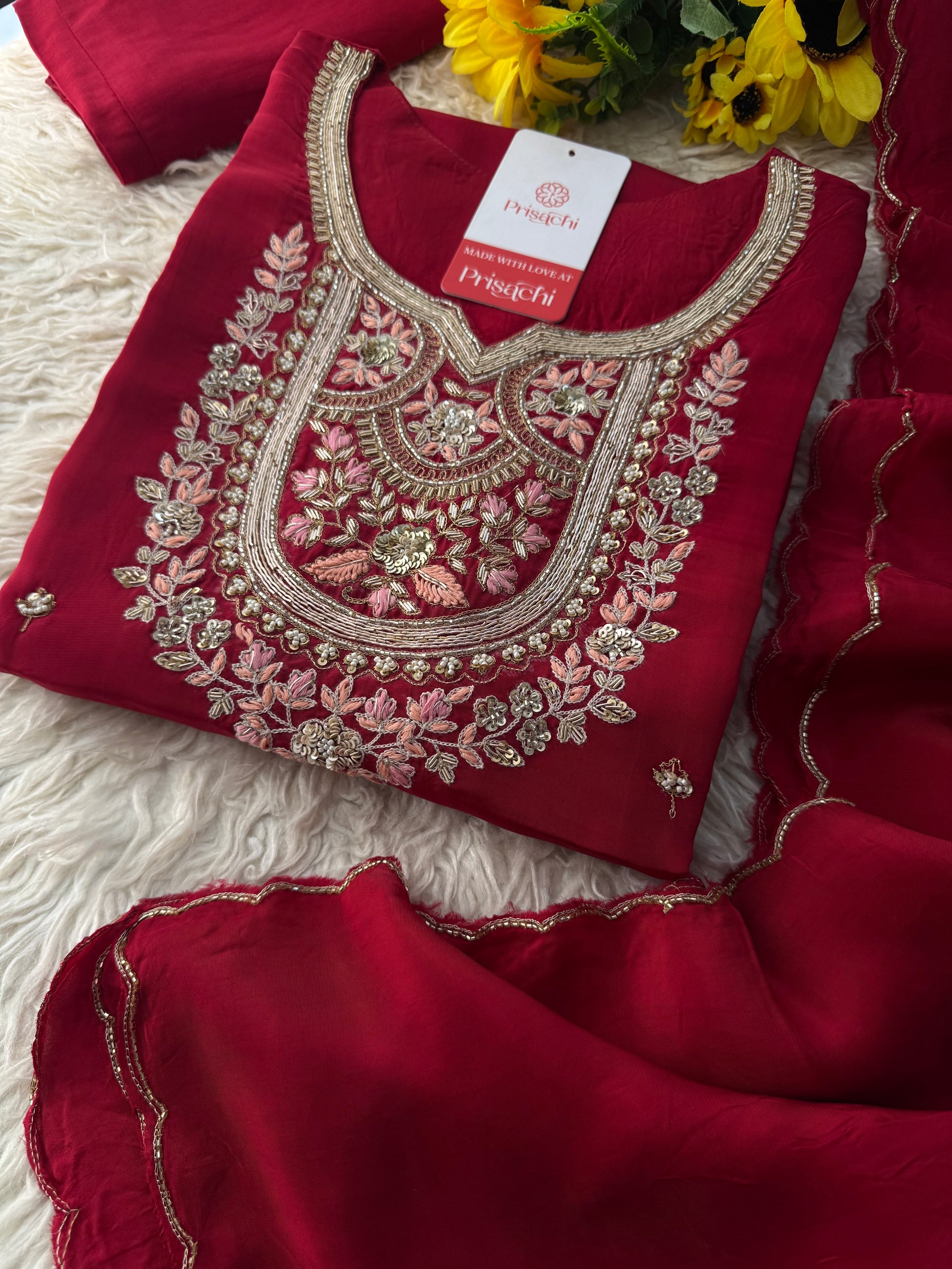 Maroon Designer Embroidered kurta set with pant and dupatta - Prisachi Official