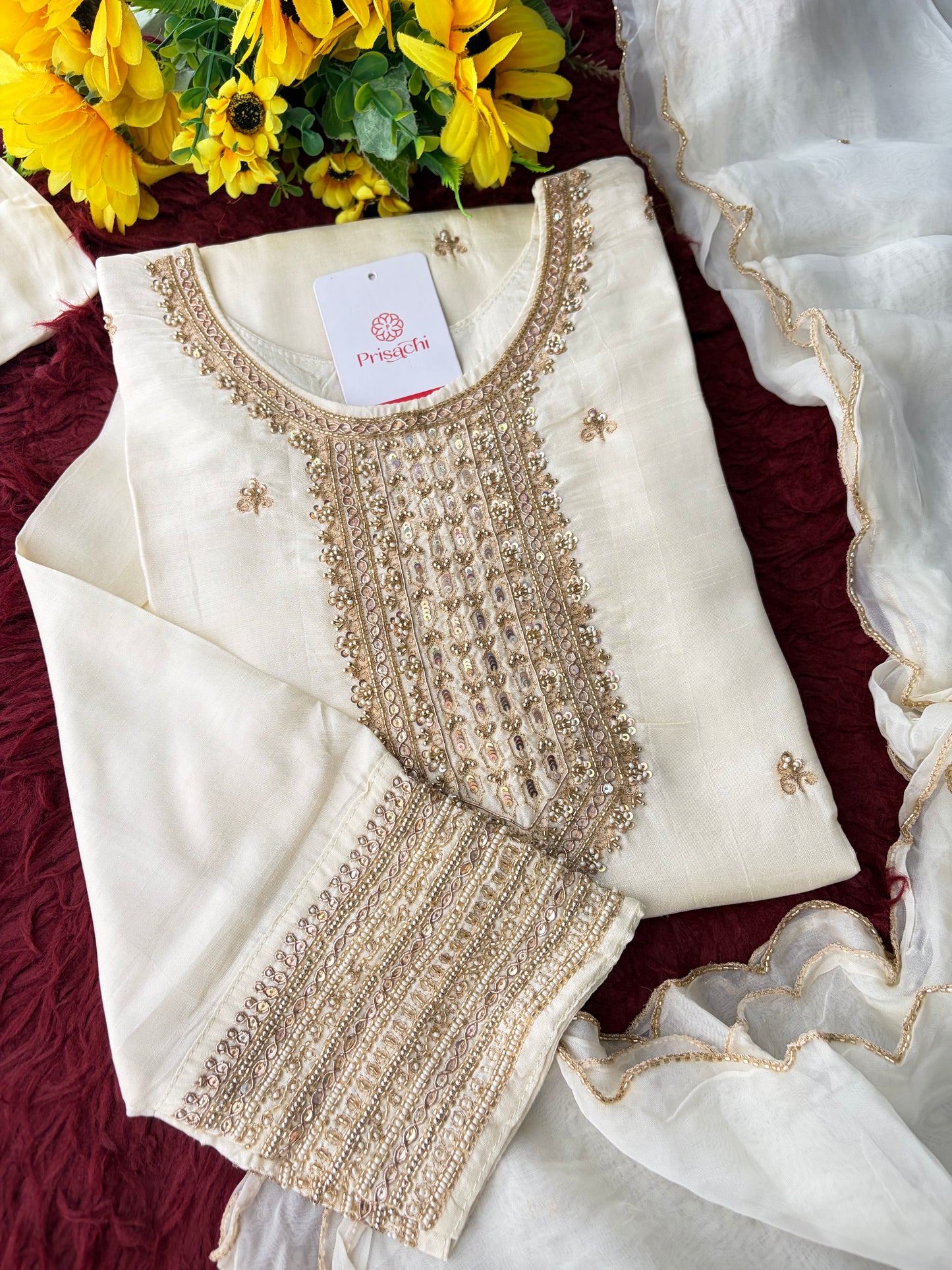 White Zardozi Embroidered Kurta Set with Dupatta & Pants | Festive & Ethnic Wear