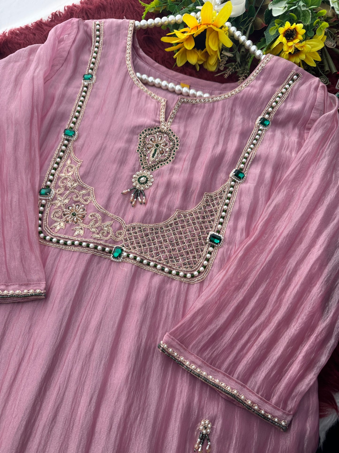 Pink Zardozi Embroidered Ethnic A-Line Kurta Set for Women with Pants & Dupatta