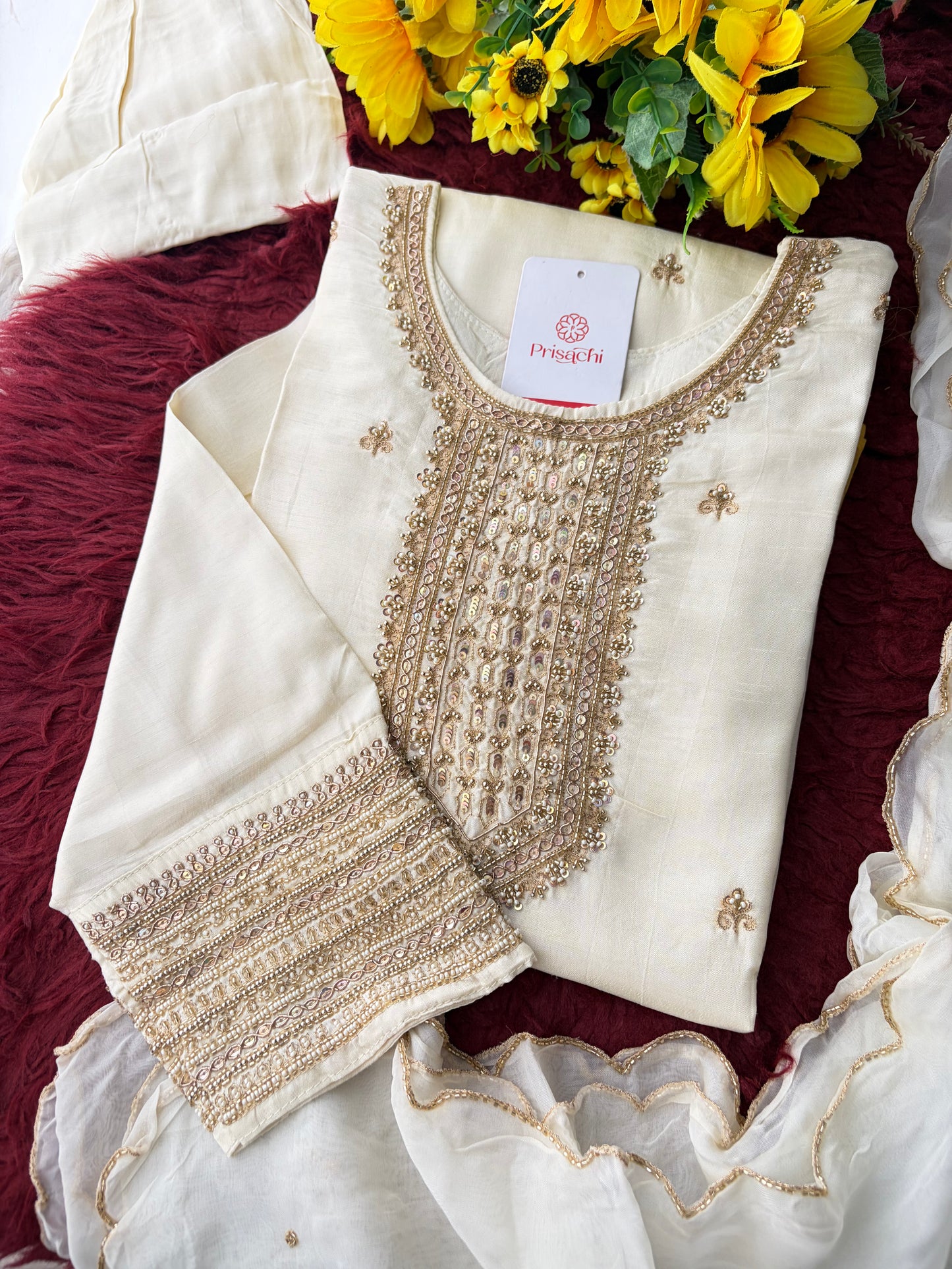 White Zardozi Embroidered Kurta Set with Dupatta & Pants | Festive & Ethnic Wear