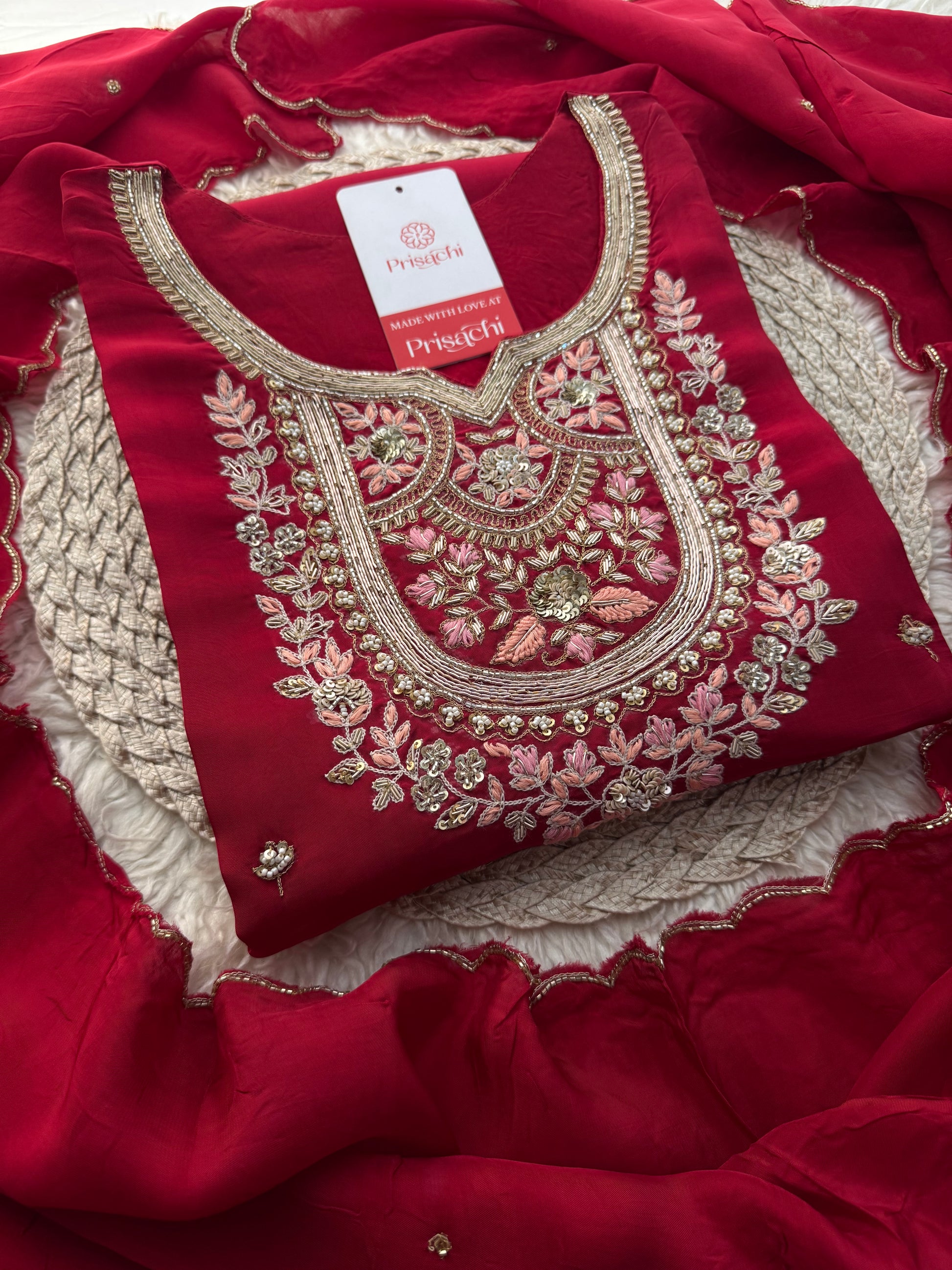 Maroon Designer Embroidered kurta set with pant and dupatta - Prisachi Official