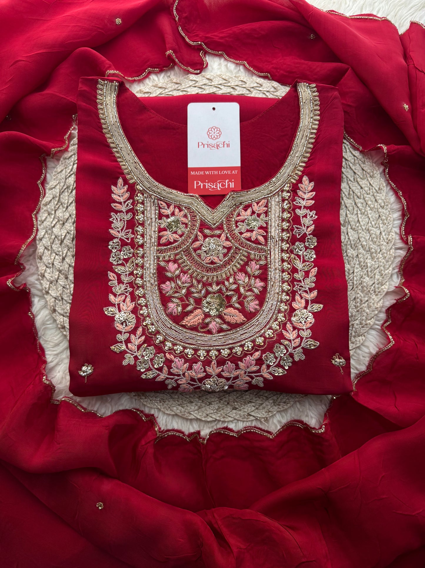 Maroon Designer Embroidered kurta set with pant and dupatta - Prisachi Official