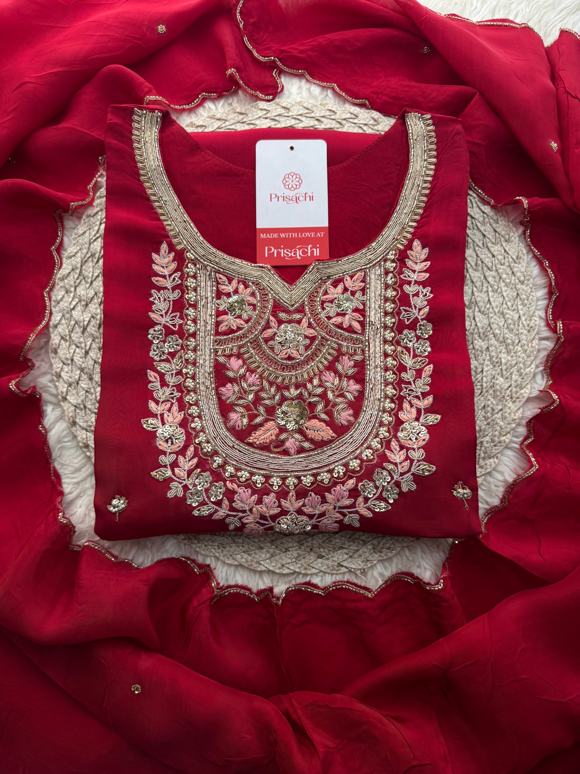 Maroon Designer Embroidered kurta set with pant and dupatta - Prisachi Official