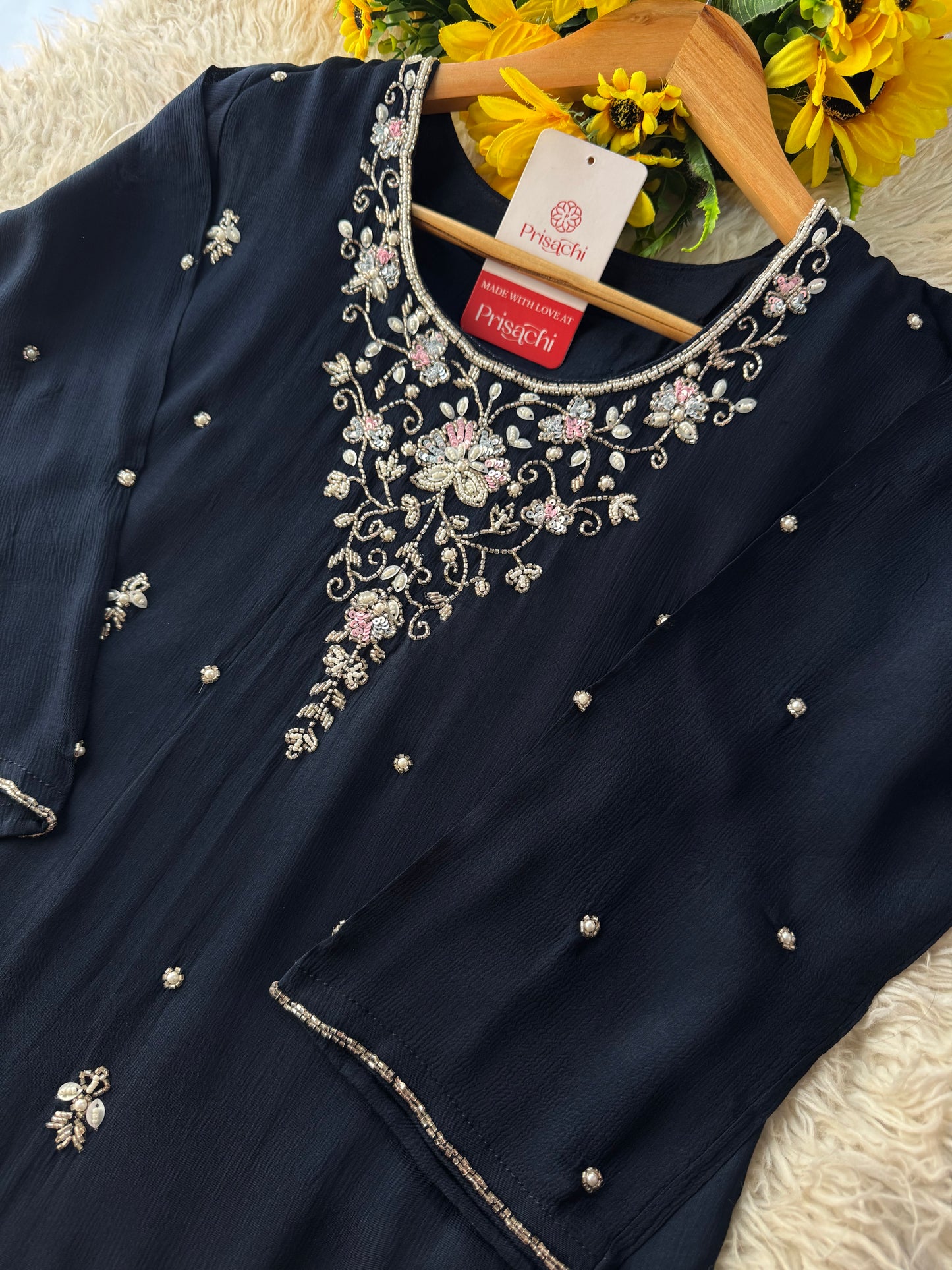 Navy Blue Embroidered Ethnic Kurti Sharara Set with Dupatta