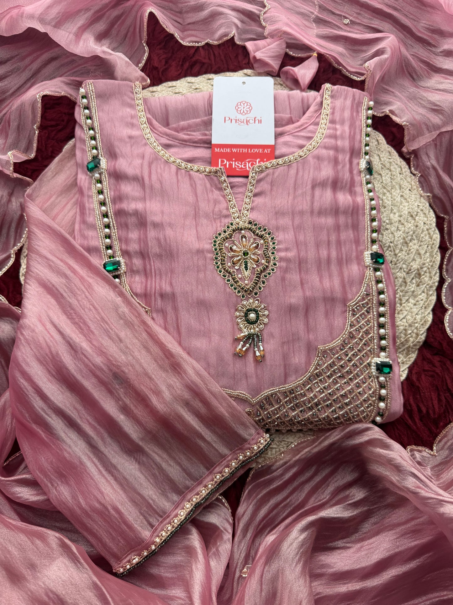 Pink Zardozi Embroidered Ethnic A-Line Kurta Set for Women with Pants & Dupatta