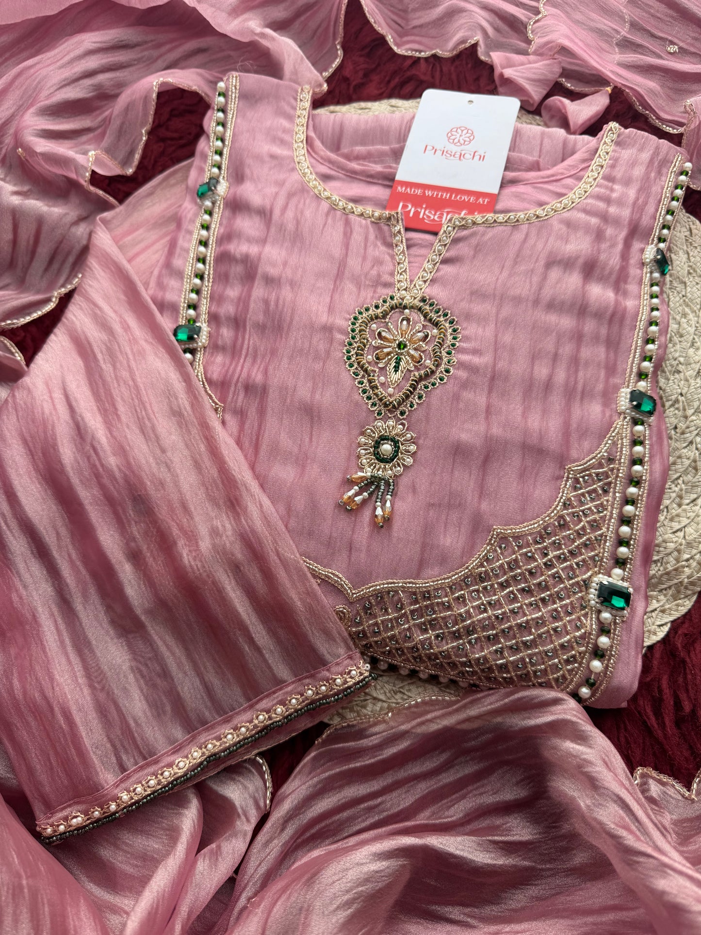 Pink Zardozi Embroidered Ethnic A-Line Kurta Set for Women with Pants & Dupatta