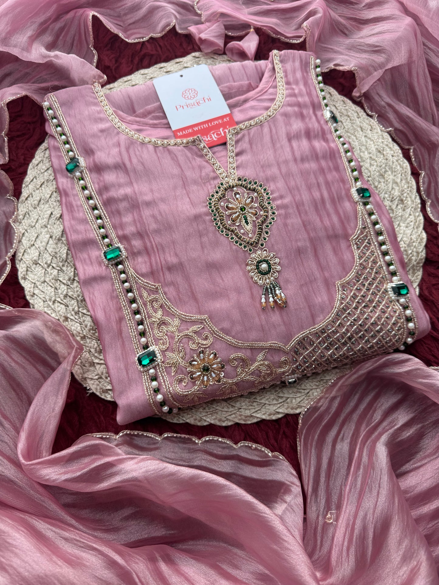 Pink Zardozi Embroidered Ethnic A-Line Kurta Set for Women with Pants & Dupatta