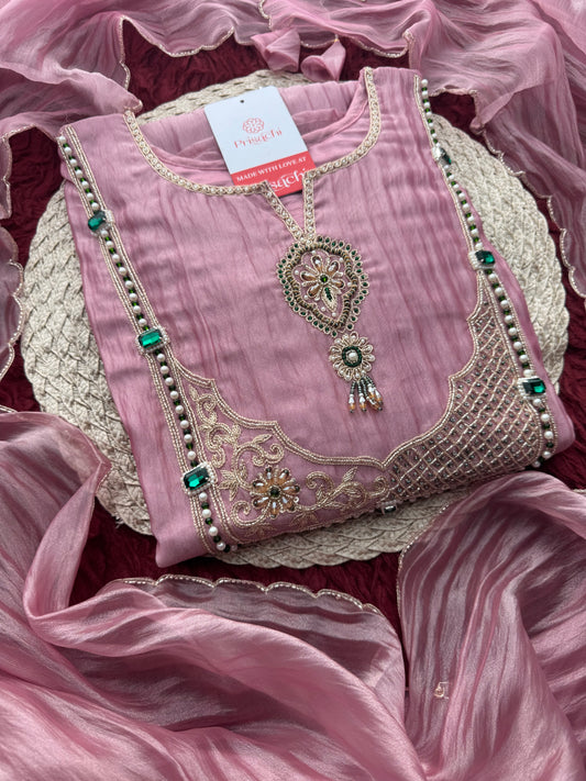 Pink Zardozi Embroidered Ethnic A-Line Kurta Set for Women with Pants & Dupatta