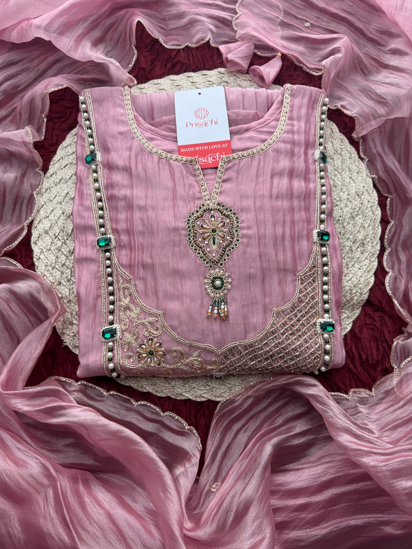 Pink Zardozi Embroidered Ethnic A-Line Kurta Set for Women with Pants & Dupatta
