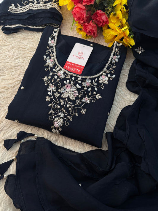 Navy Blue Embroidered Ethnic Kurti Sharara Set with Dupatta