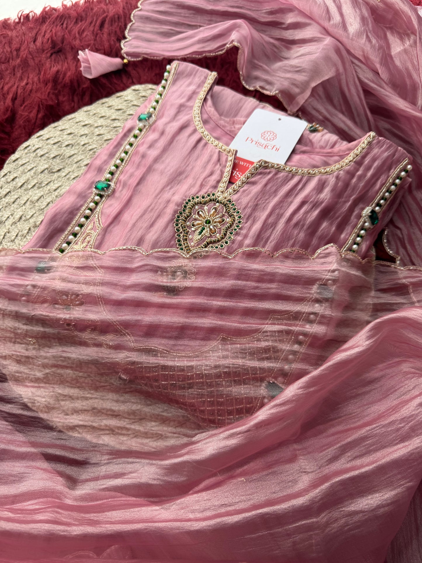 Pink Zardozi Embroidered Ethnic A-Line Kurta Set for Women with Pants & Dupatta