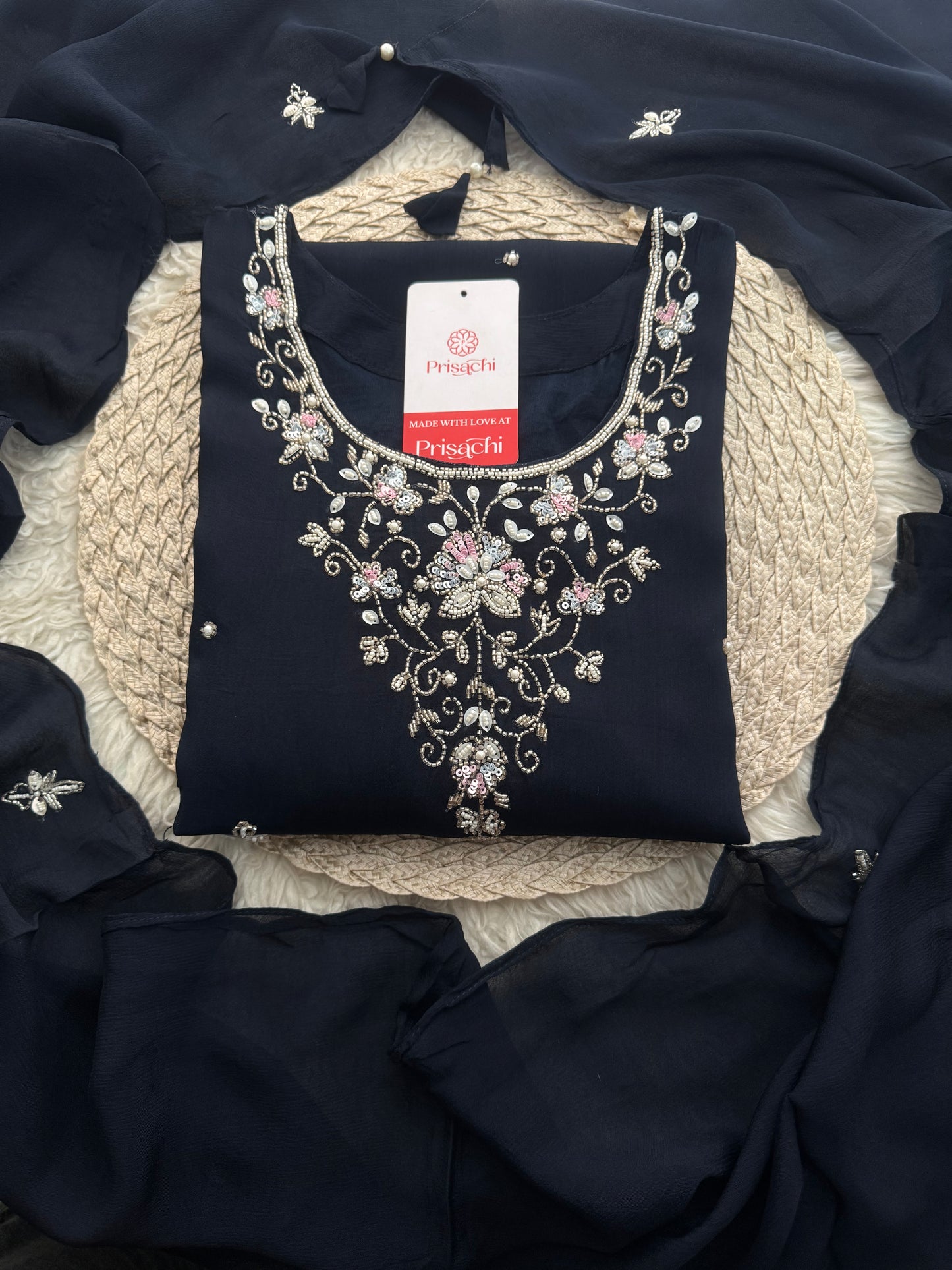 Navy Blue Embroidered Ethnic Kurti Sharara Set with Dupatta