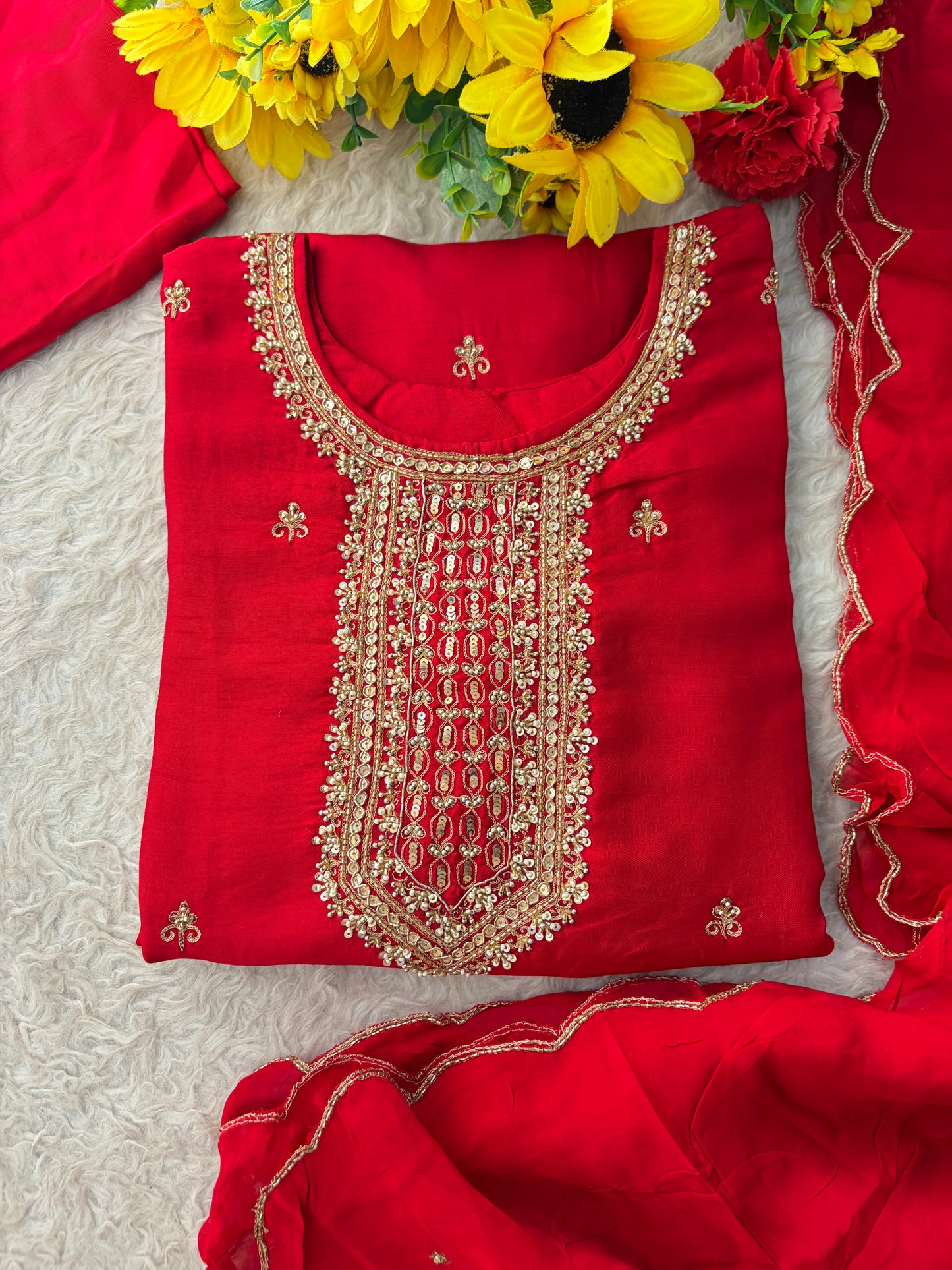 Zardozi Embroidered Kurta Set with Dupatta & Pants | Festive & Ethnic Wear