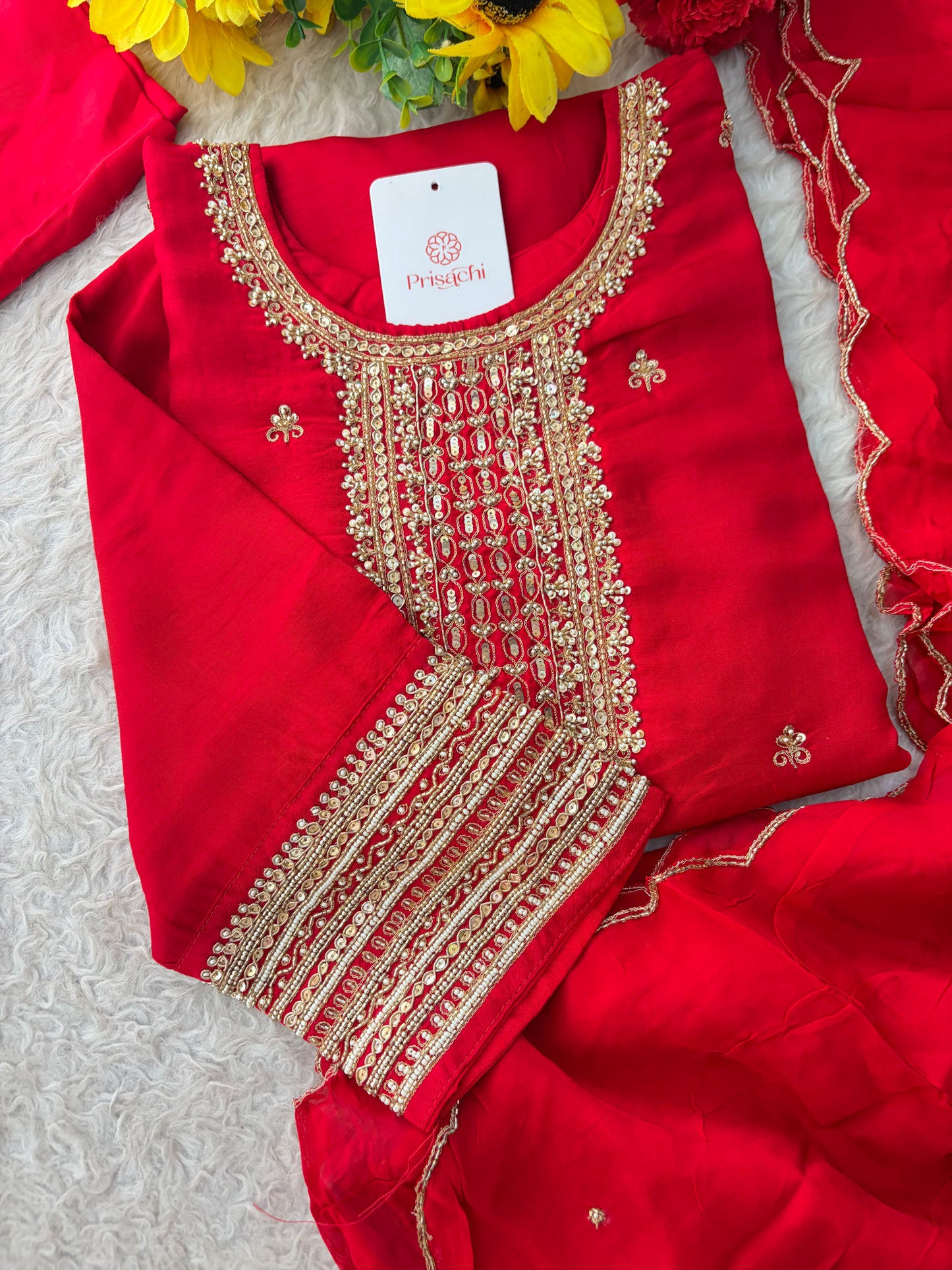 Red Zardozi Embroidered Kurta Set with Dupatta & Palazzo Pants | Festive & Ethnic Wear