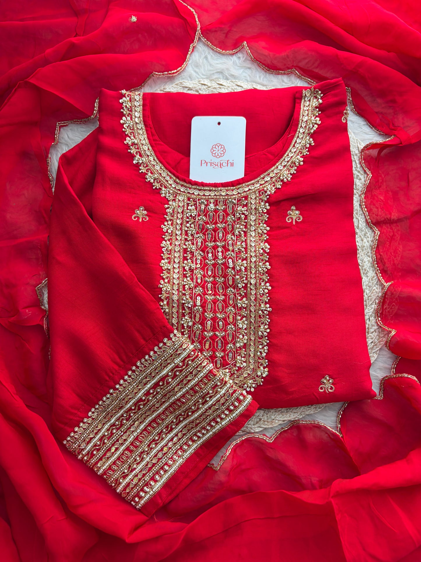 Red Zardozi Embroidered Kurta Set with Dupatta & Palazzo Pants | Festive & Ethnic Wear