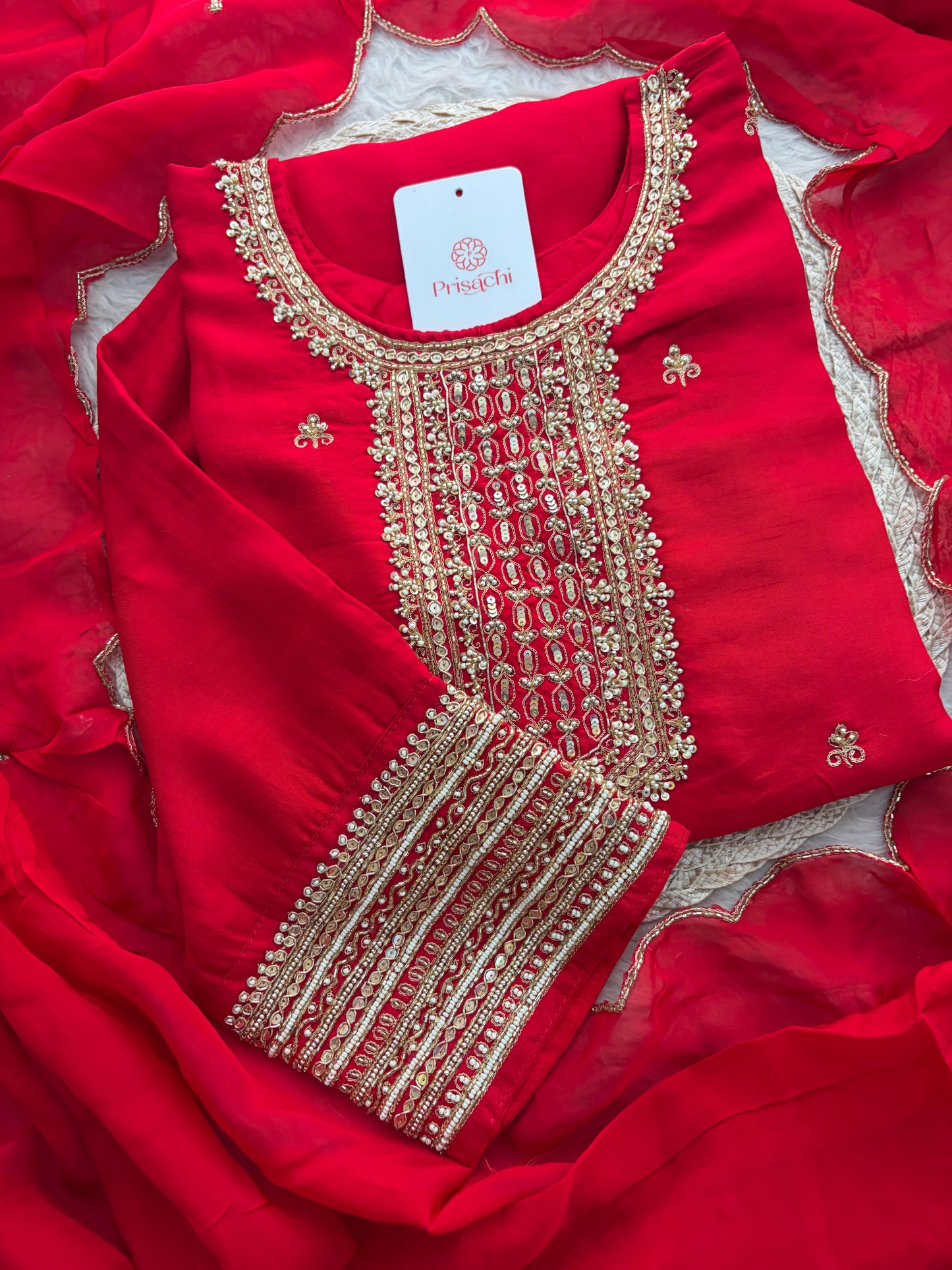 Red Zardozi Embroidered Kurta Set with Dupatta & Palazzo Pants | Festive & Ethnic Wear