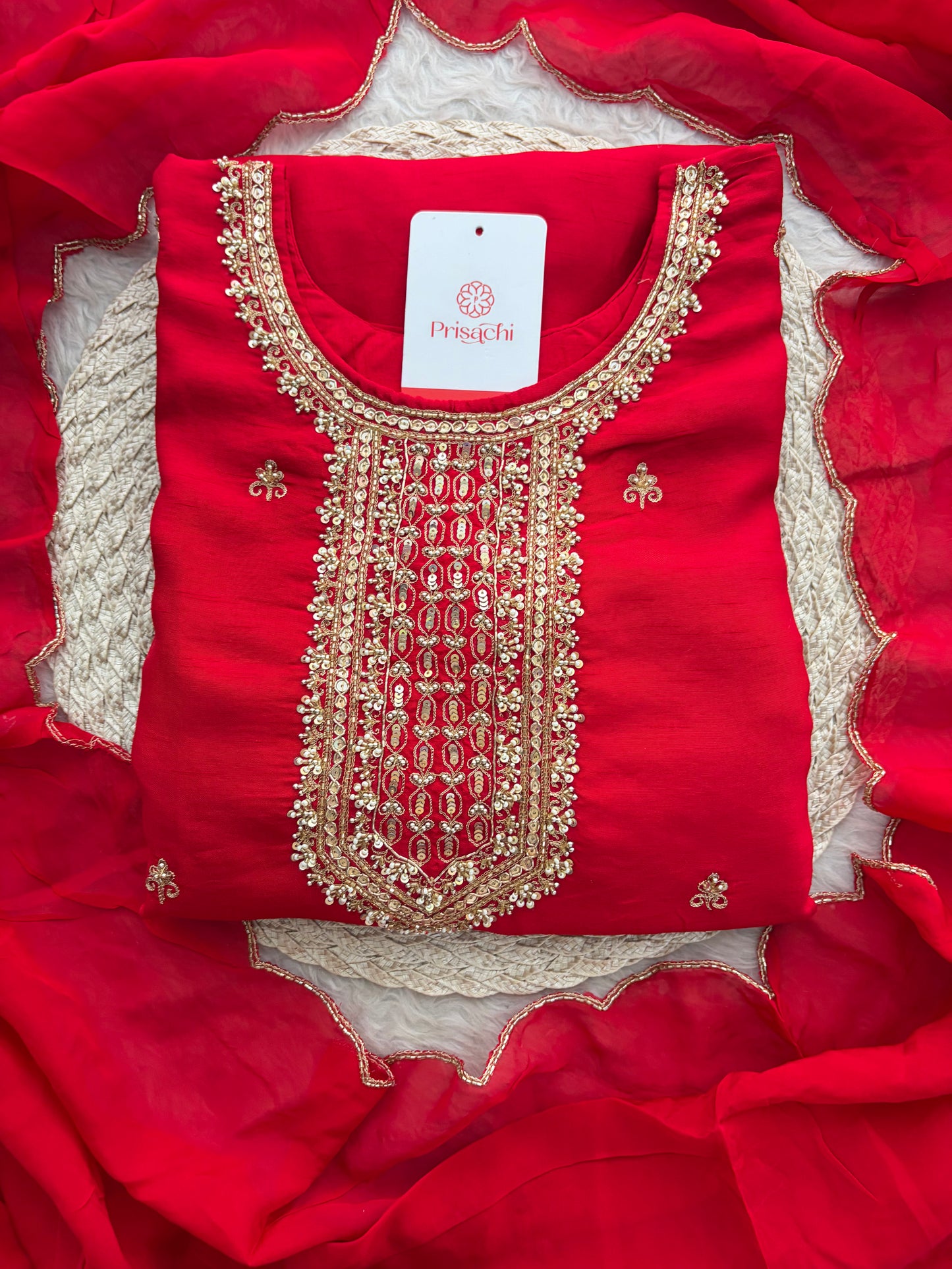 Red Zardozi Embroidered Kurta Set with Dupatta & Palazzo Pants | Festive & Ethnic Wear