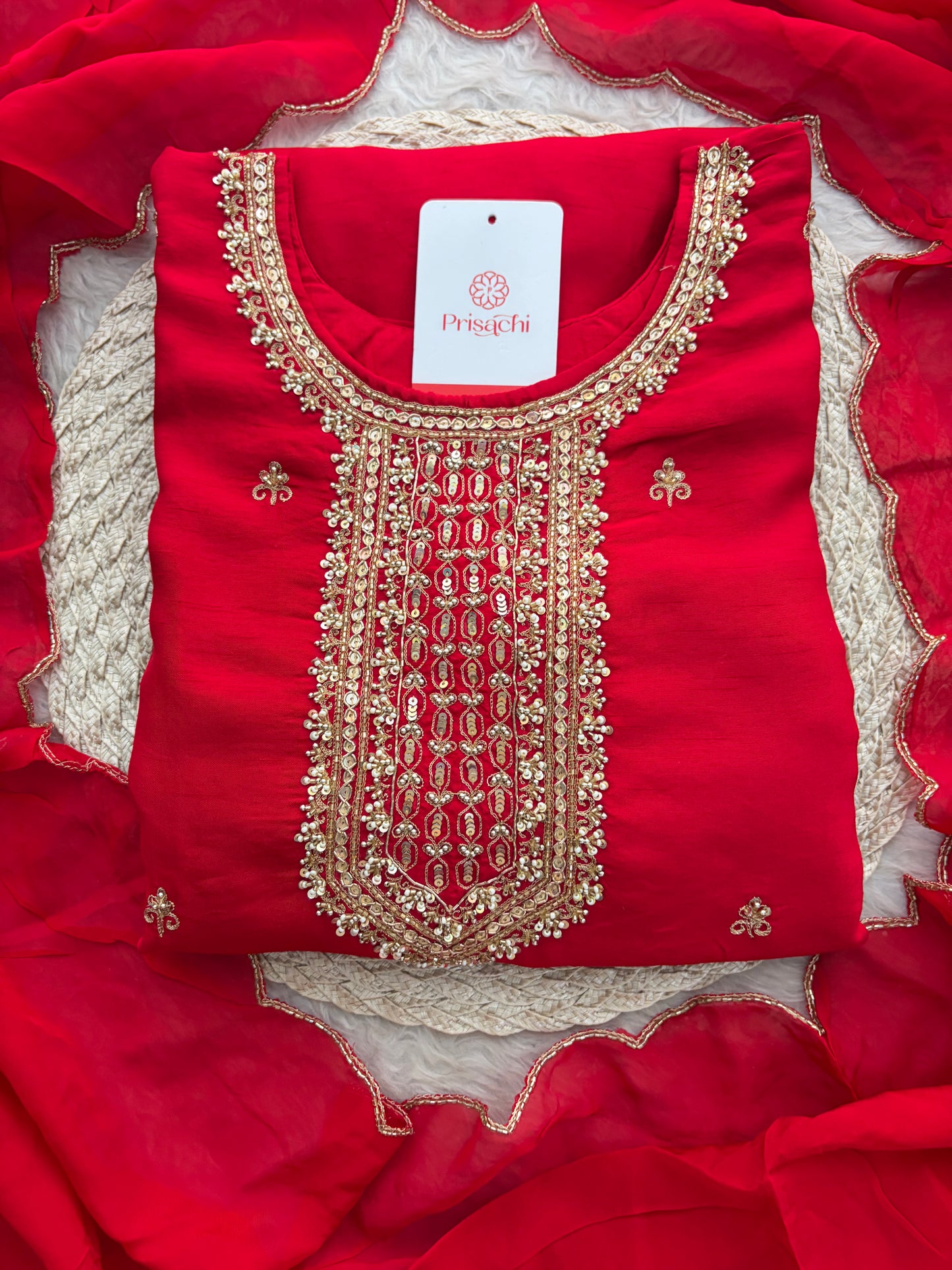 Red Zardozi Embroidered Kurta Set with Dupatta & Palazzo Pants | Festive & Ethnic Wear