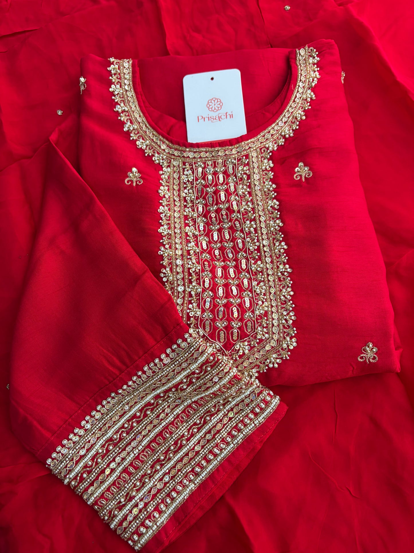 Red Zardozi Embroidered Kurta Set with Dupatta & Palazzo Pants | Festive & Ethnic Wear
