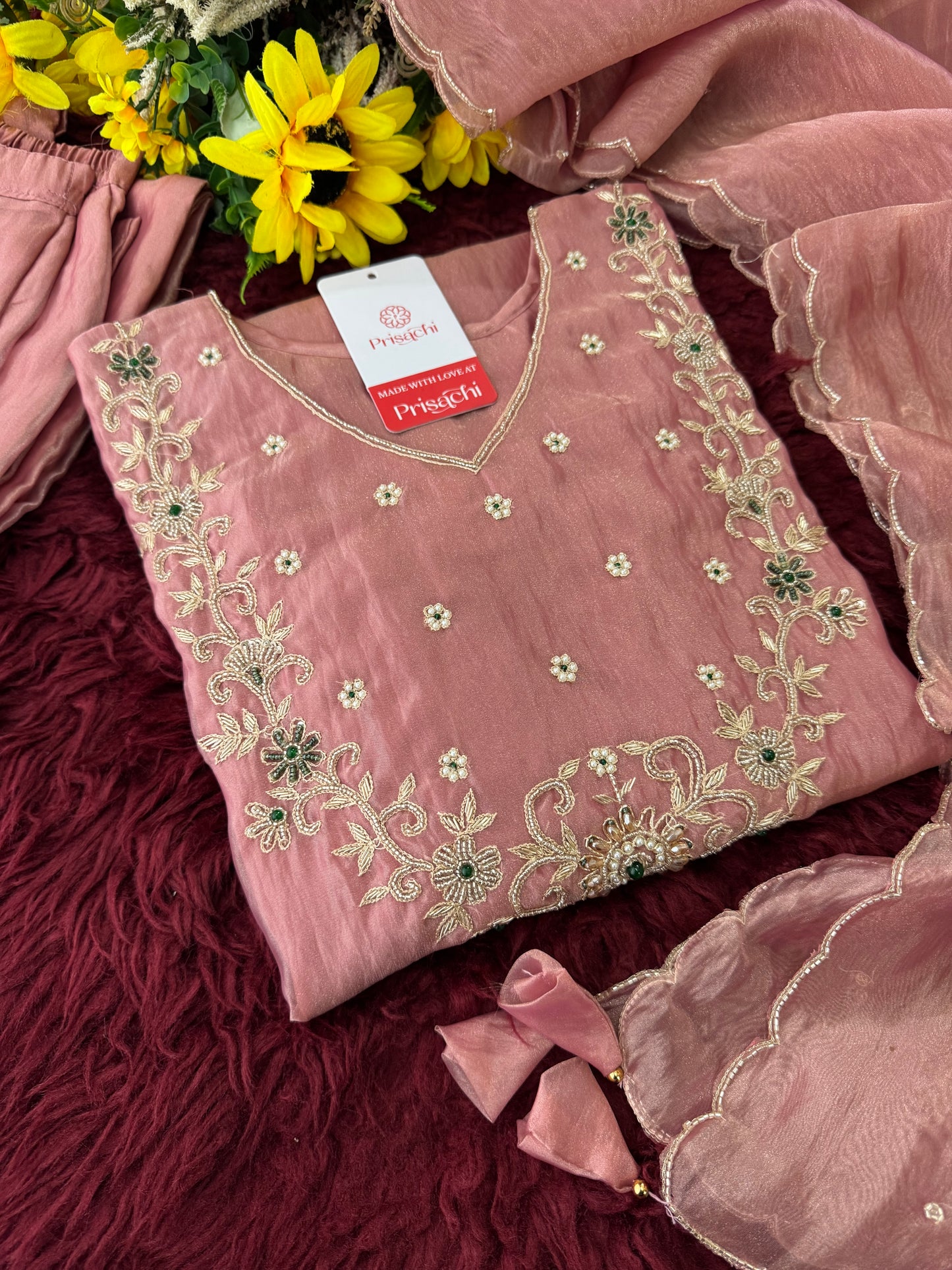 Rose Pink Zardozi Embroidered Ethnic Kurta Set for Women with Pants & Dupatta