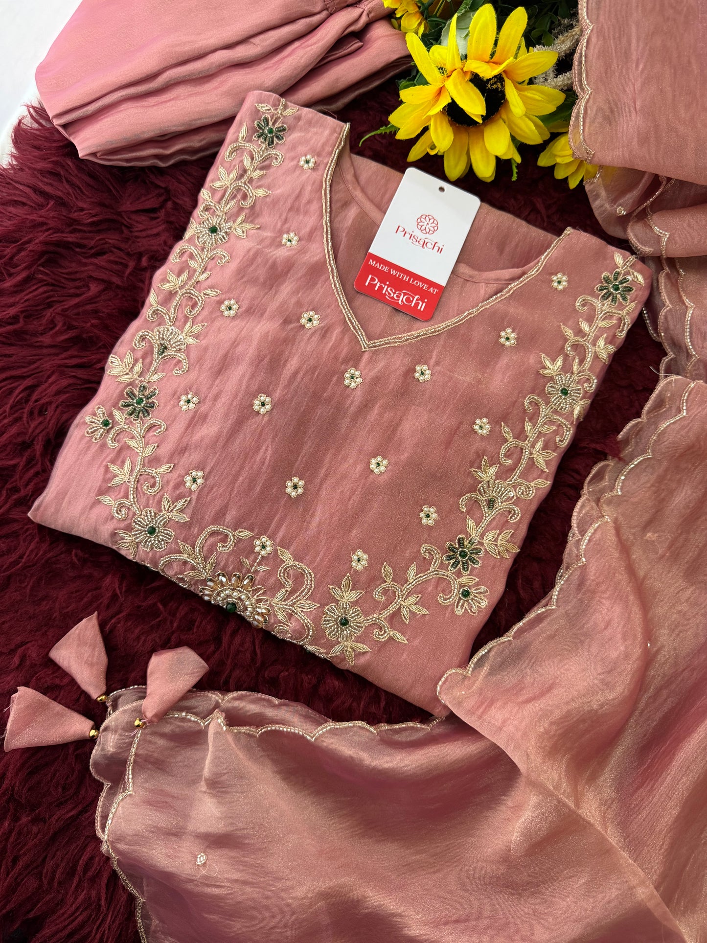 Rose Pink Zardozi Embroidered Ethnic Kurta Set for Women with Pants & Dupatta