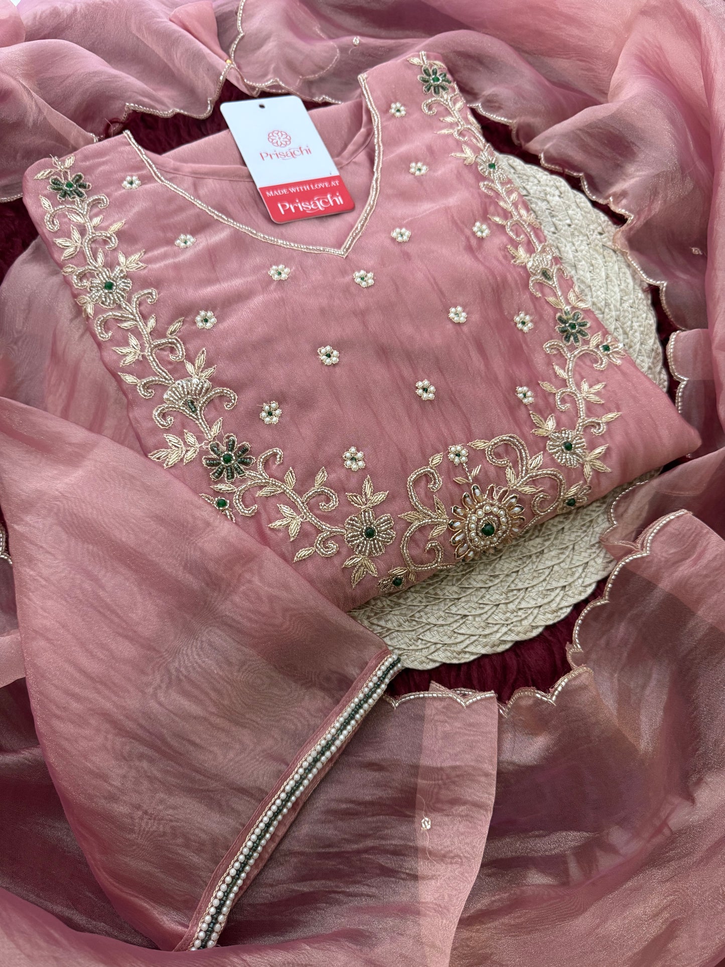 Rose Pink Zardozi Embroidered Ethnic Kurta Set for Women with Pants & Dupatta