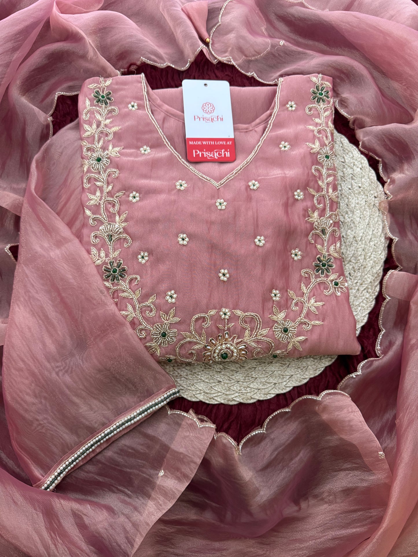 Rose Pink Zardozi Embroidered Ethnic Kurta Set for Women with Pants & Dupatta