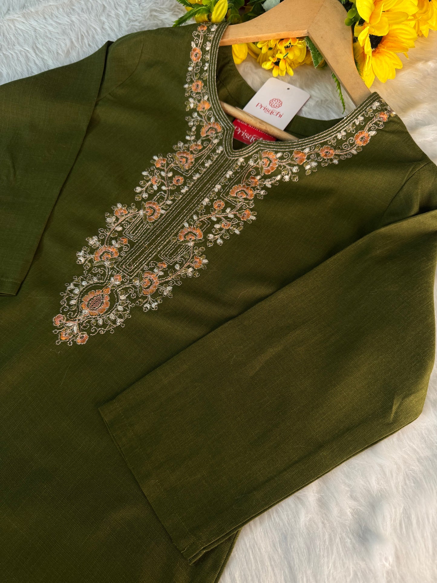 Green Designer Embroidered Kurta set with Pant and Dupatta - Prisachi Official