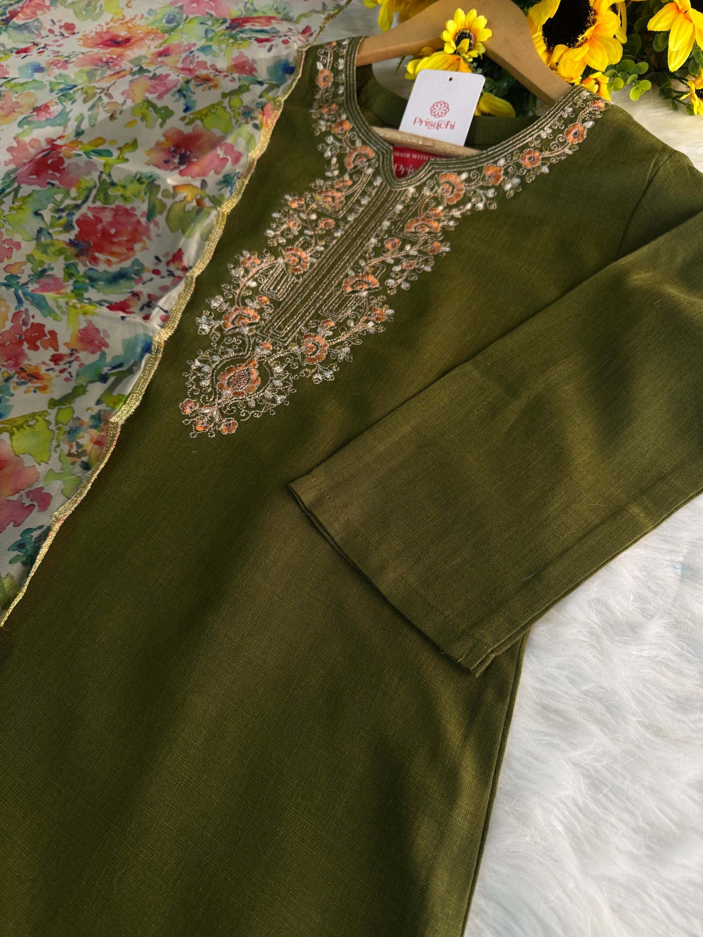 Green Designer Embroidered Kurta set with Pant and Dupatta - Prisachi Official