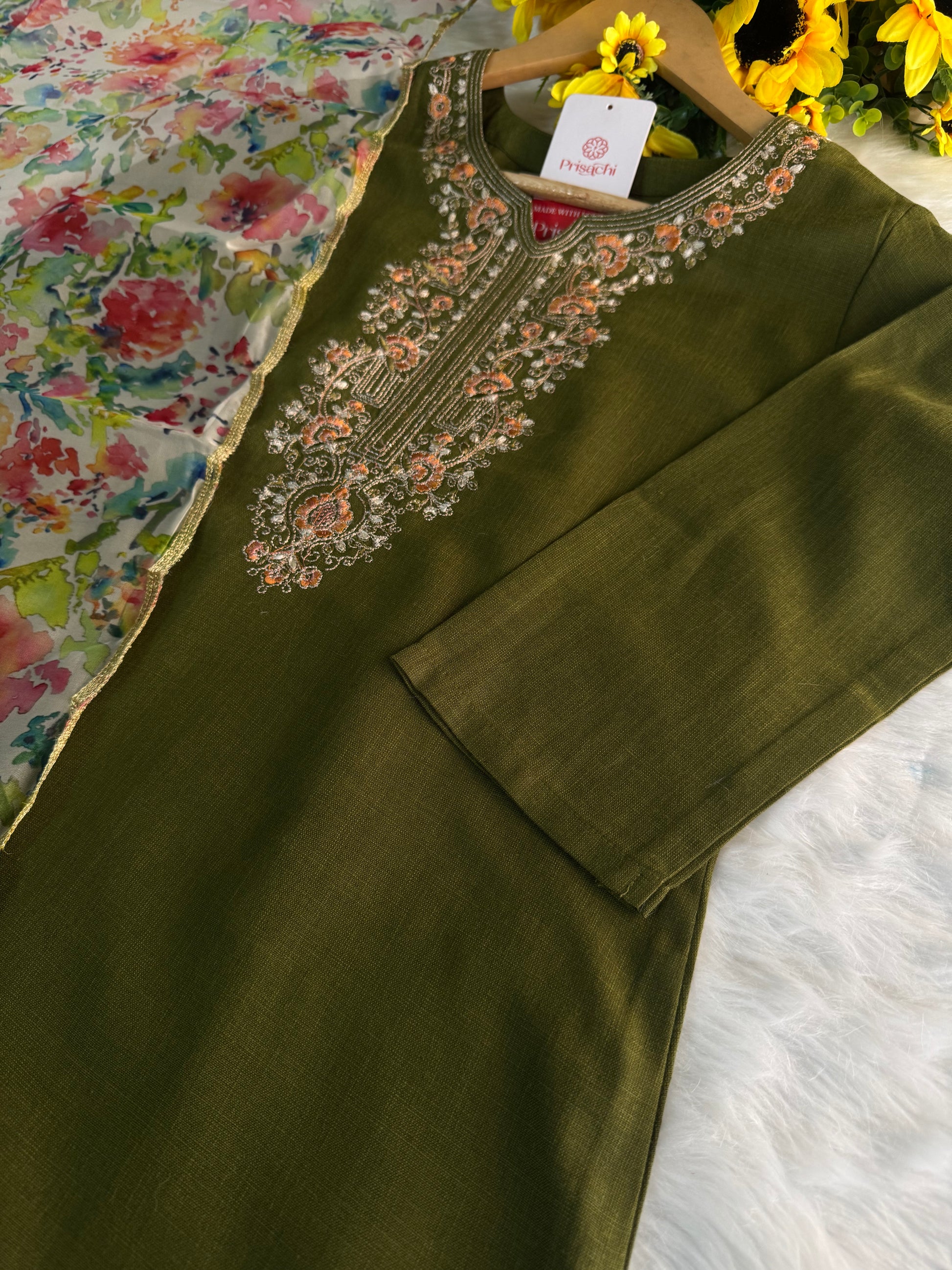 Green Designer Embroidered Kurta set with Pant and Dupatta - Prisachi Official