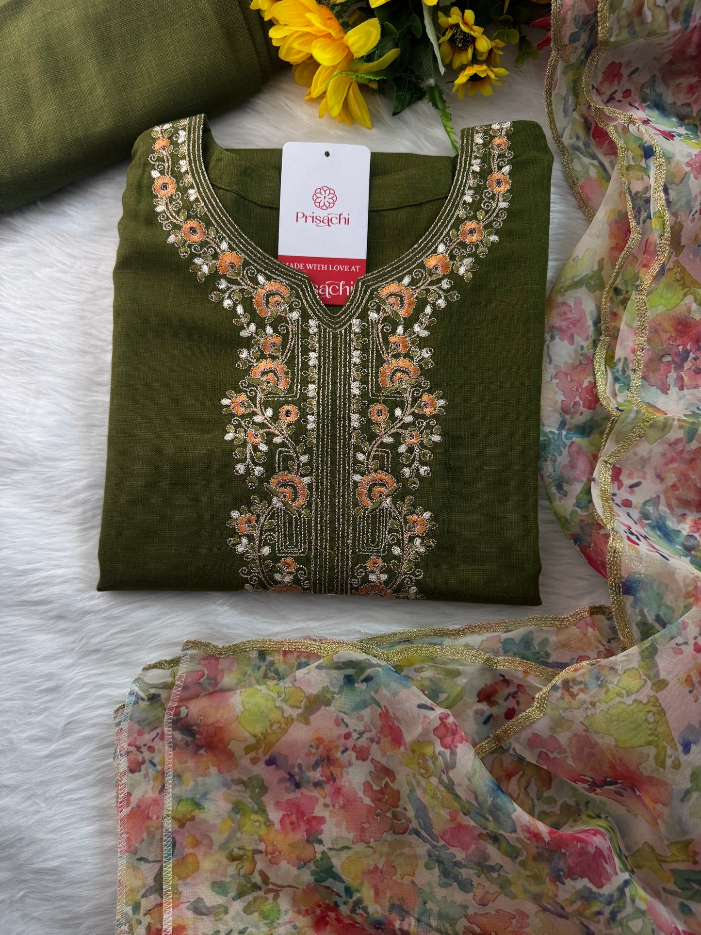 Green Designer Embroidered Kurta set with Pant and Dupatta - Prisachi Official