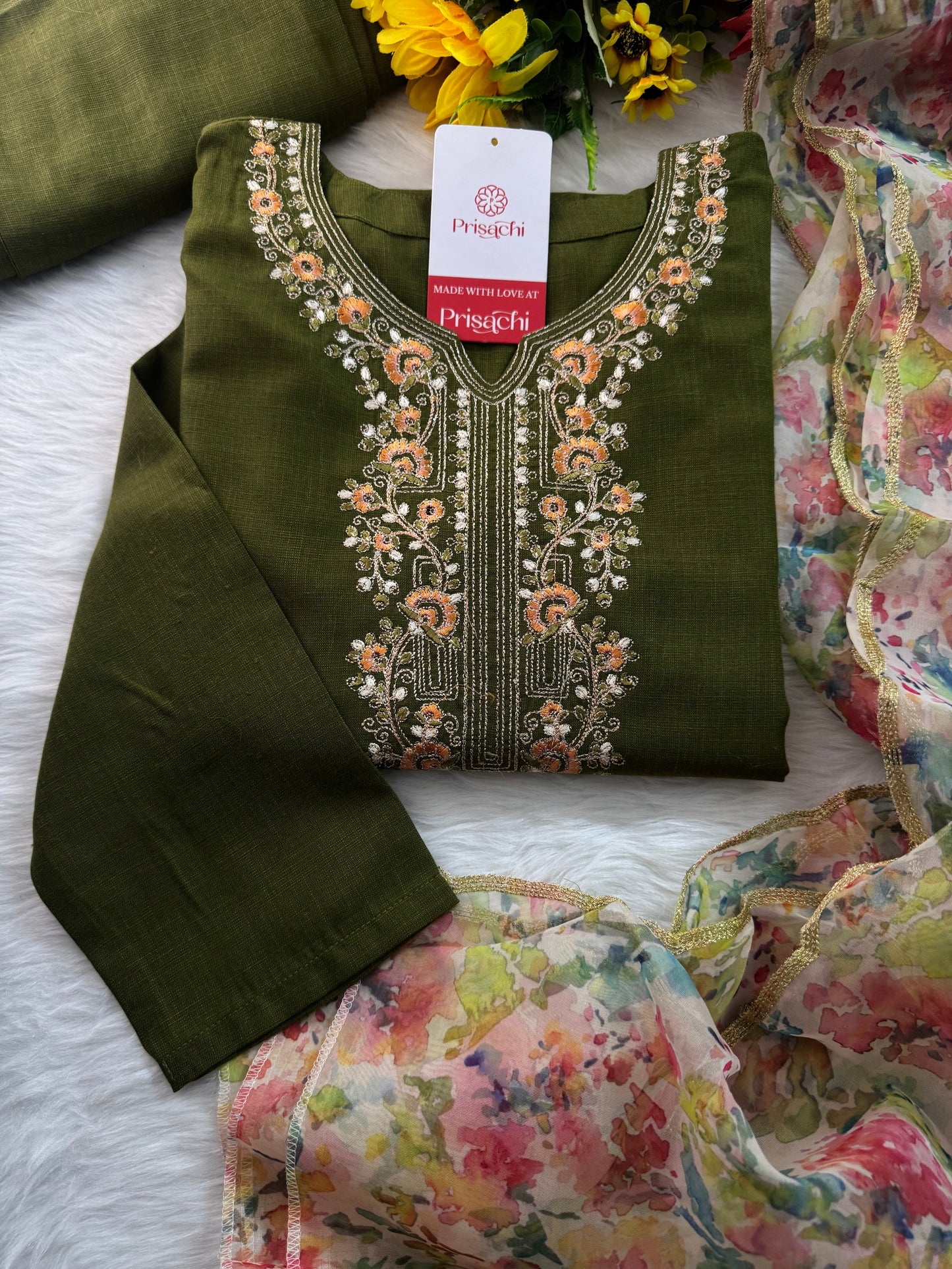 Green Designer Embroidered Kurta set with Pant and Dupatta - Prisachi Official