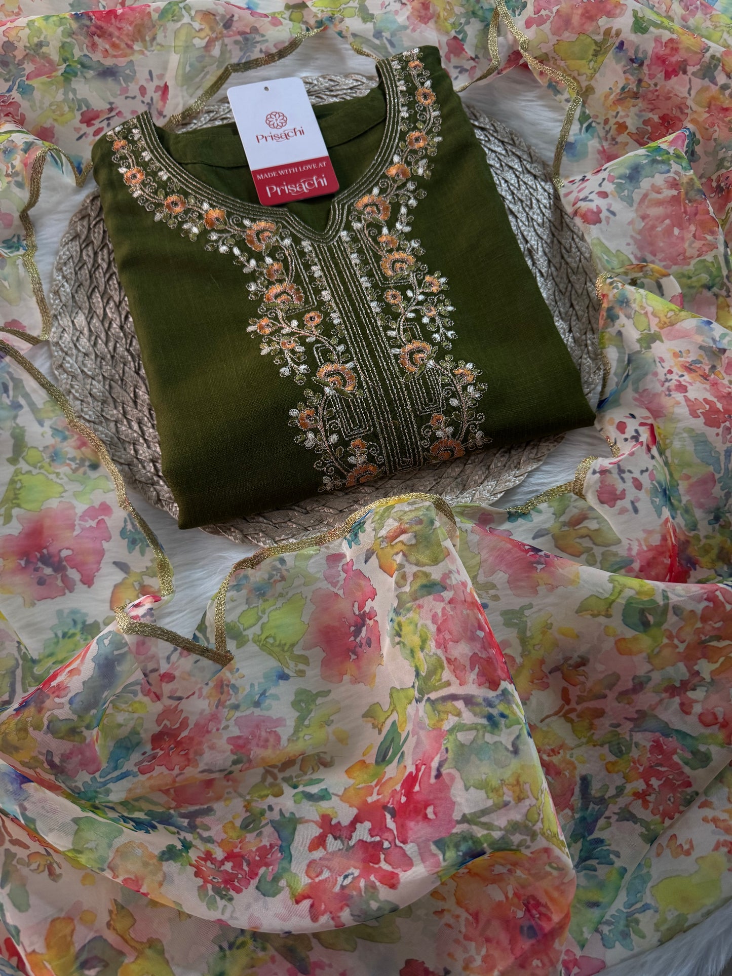 Green Designer Embroidered Kurta set with Pant and Dupatta - Prisachi Official