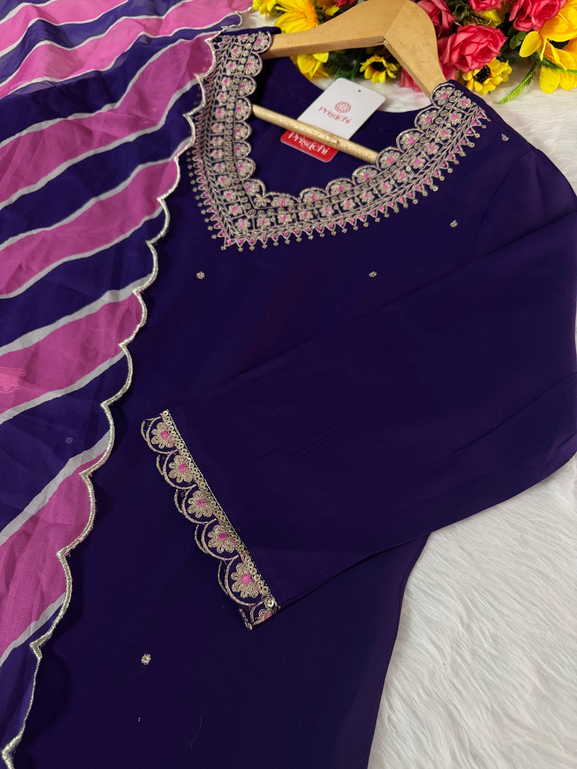 Purple Designer Embroidered Kurta set with dupatta and Pant - Prisachi Official