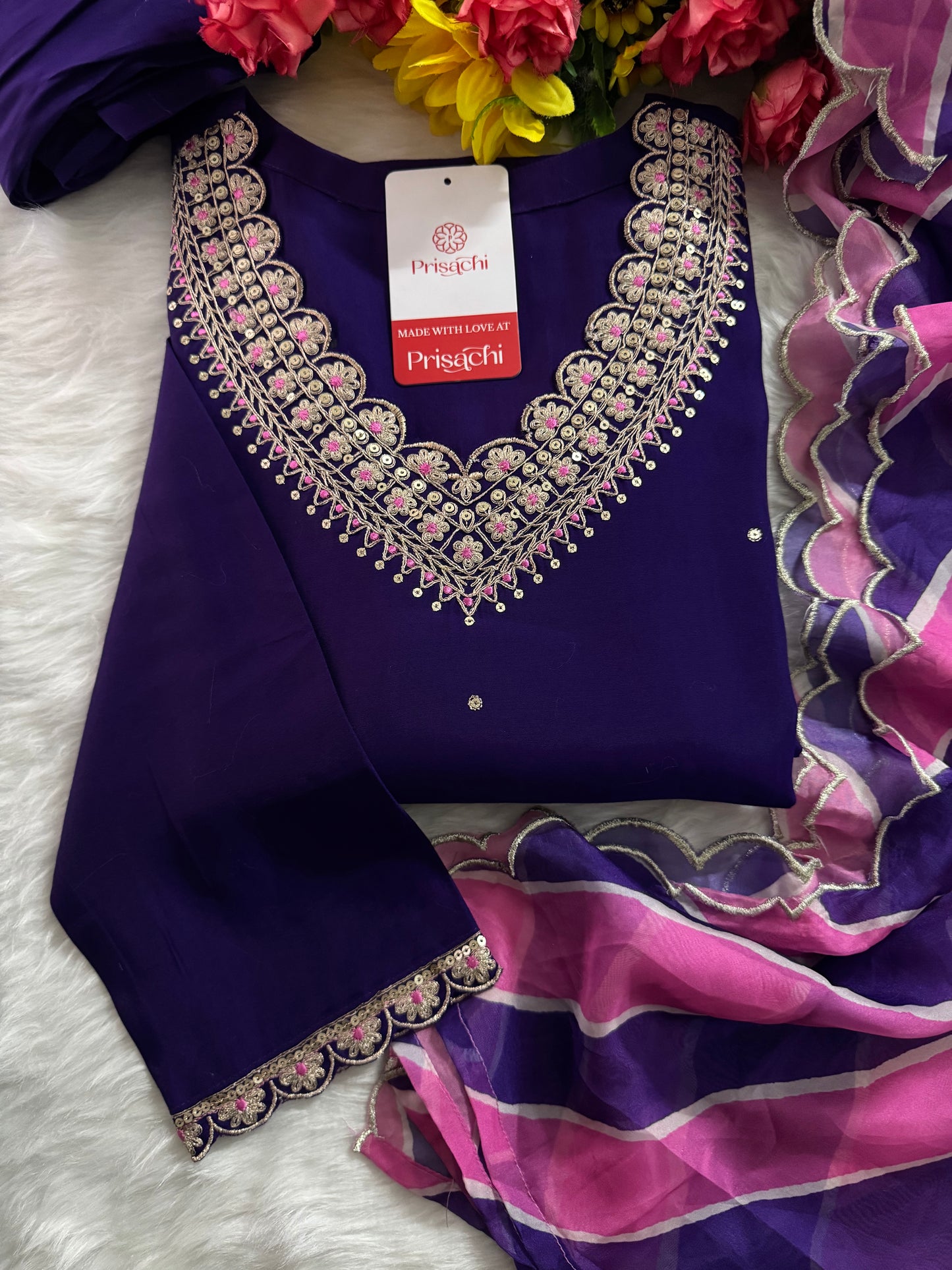 Purple Designer Embroidered Kurta set with dupatta and Pant - Prisachi Official