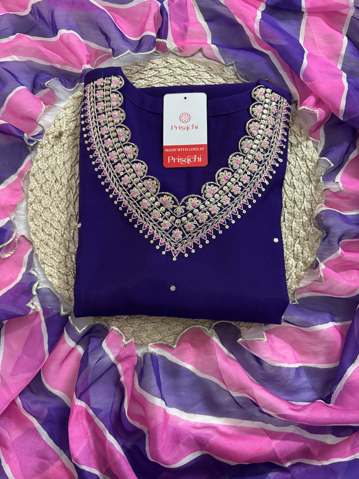 Purple Designer Embroidered Kurta set with dupatta and Pant - Prisachi Official