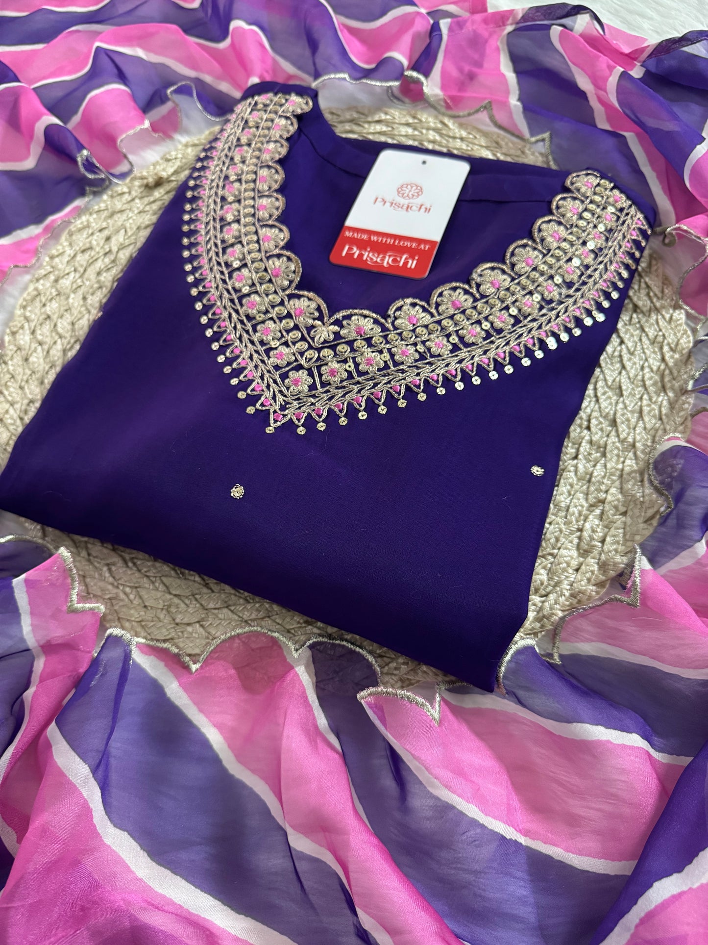 Purple Designer Embroidered Kurta set with dupatta and Pant - Prisachi Official
