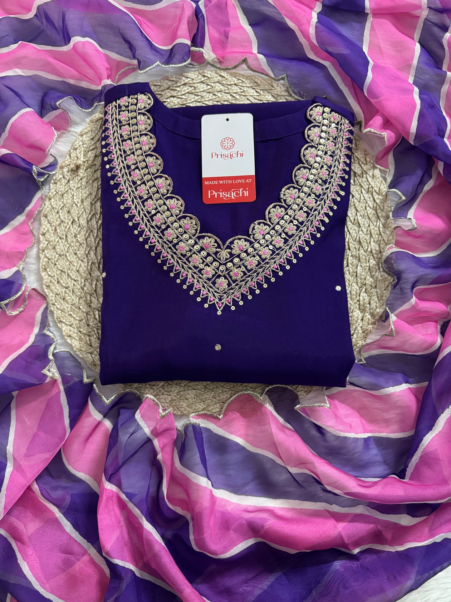 Purple Designer Embroidered Kurta set with dupatta and Pant - Prisachi Official