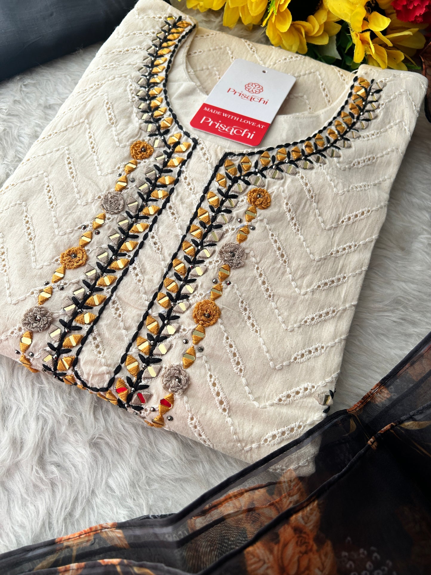 Designer Off White Kurti Set with Black Dupatta & Pants | Thread & Mirror Embroidered Ethnic Wear