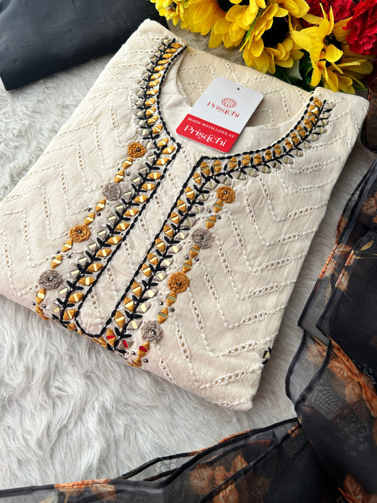 Designer Off White Kurti Set with Black Dupatta & Pants | Thread & Mirror Embroidered Ethnic Wear