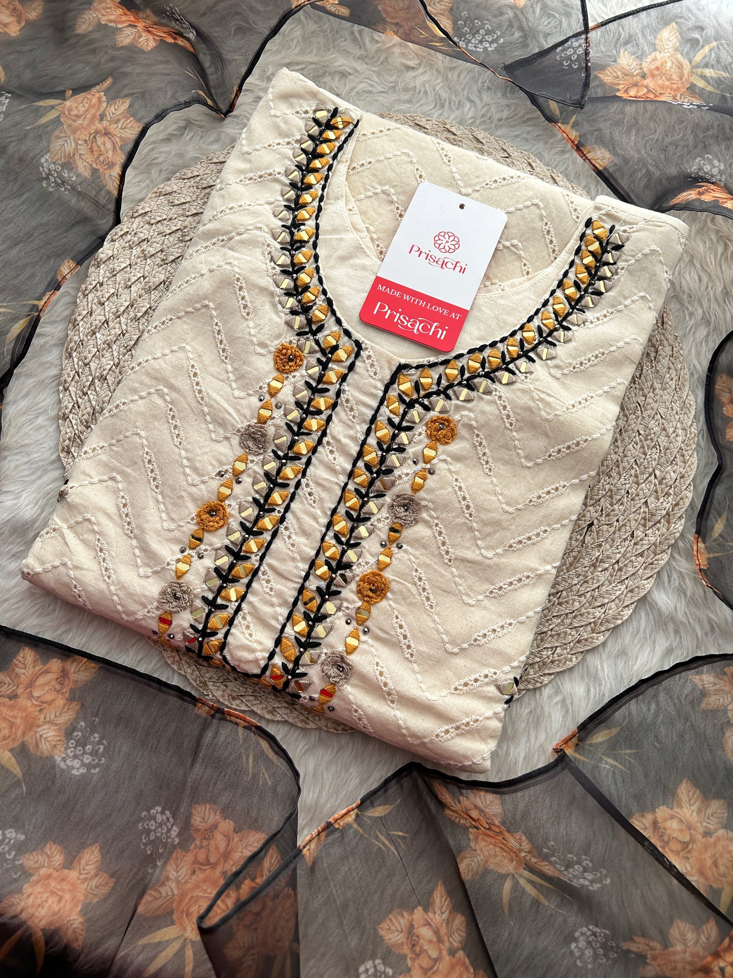 Designer Off White Kurti Set with Black Dupatta & Pants | Thread & Mirror Embroidered Ethnic Wear
