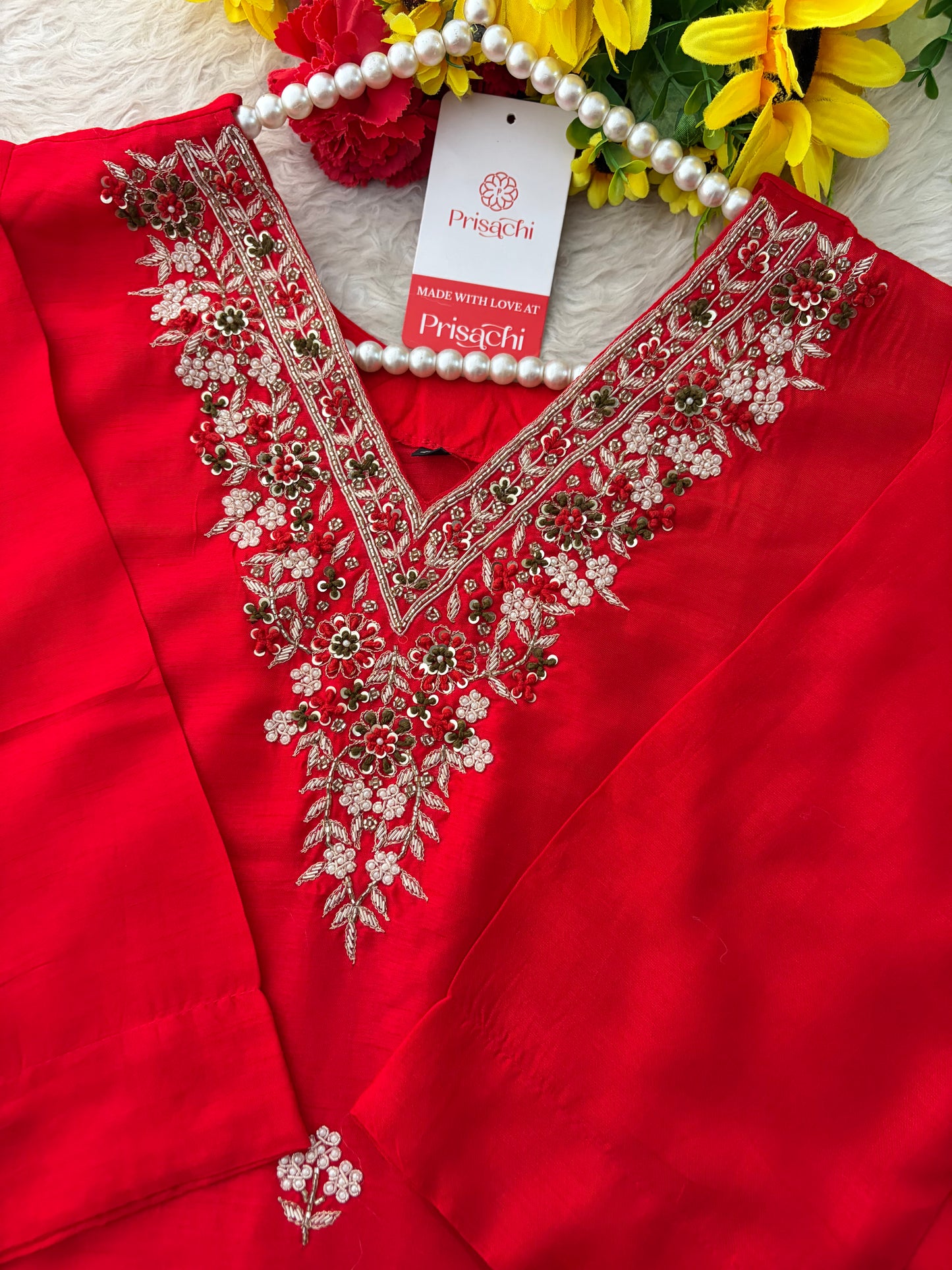 Prisachi Red Zardozi Embroidered Kurta Set Straight Pants with Scalloped Dupatta for Women
