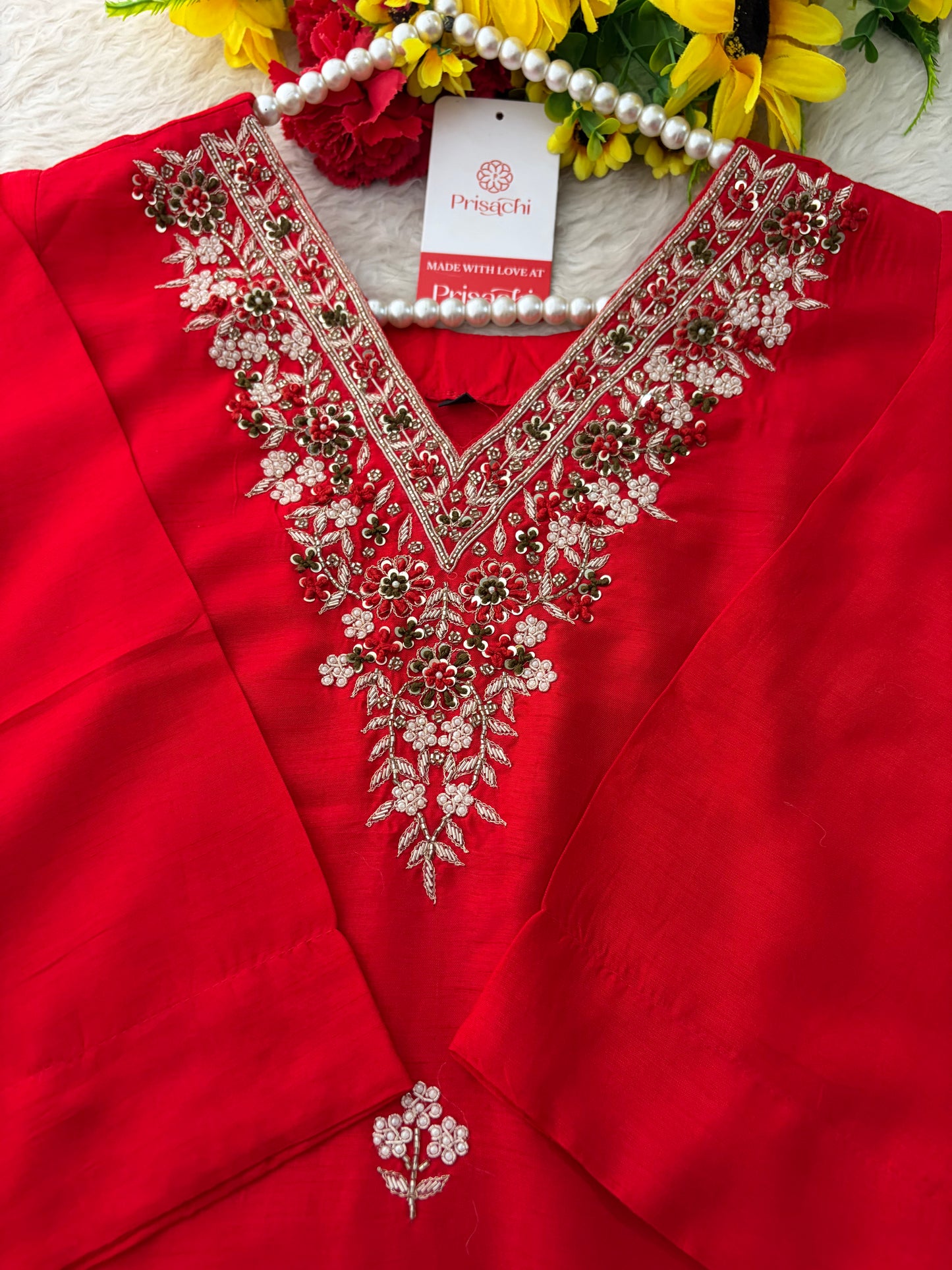 Prisachi Red Zardozi Embroidered Kurta Set Straight Pants with Scalloped Dupatta for Women