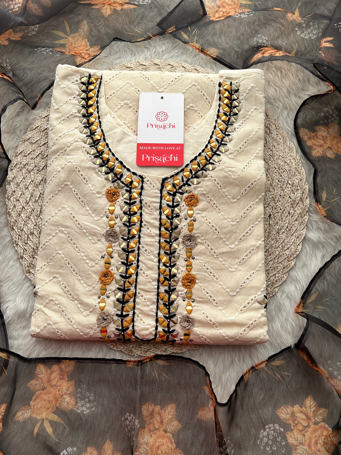 Designer Off White Kurti Set with Black Dupatta & Pants | Thread & Mirror Embroidered Ethnic Wear