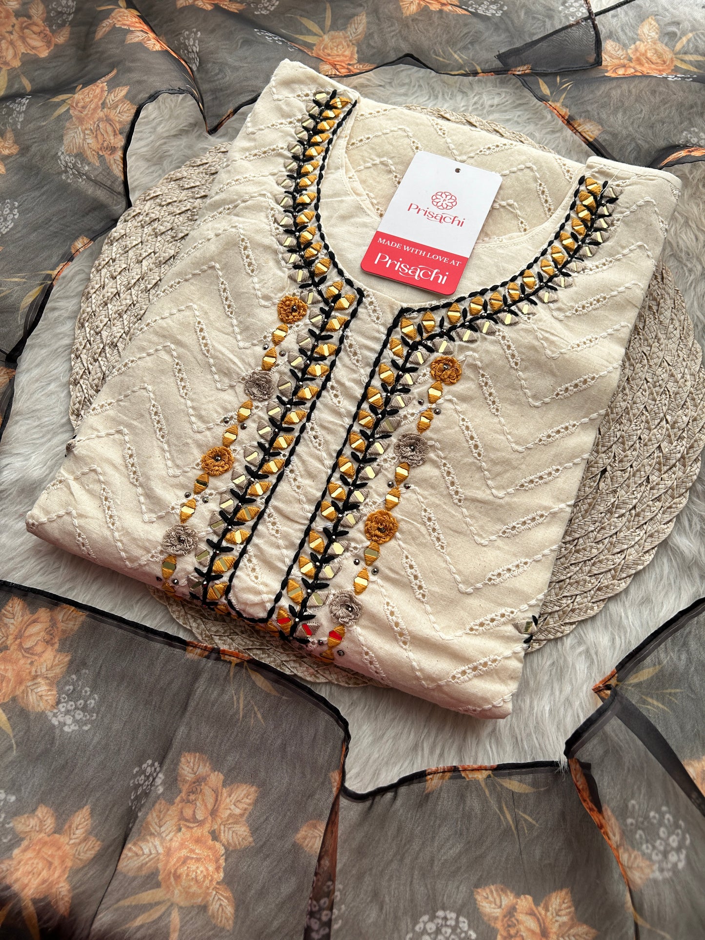 Designer Off White Kurti Set with Black Dupatta & Pants | Thread & Mirror Embroidered Ethnic Wear