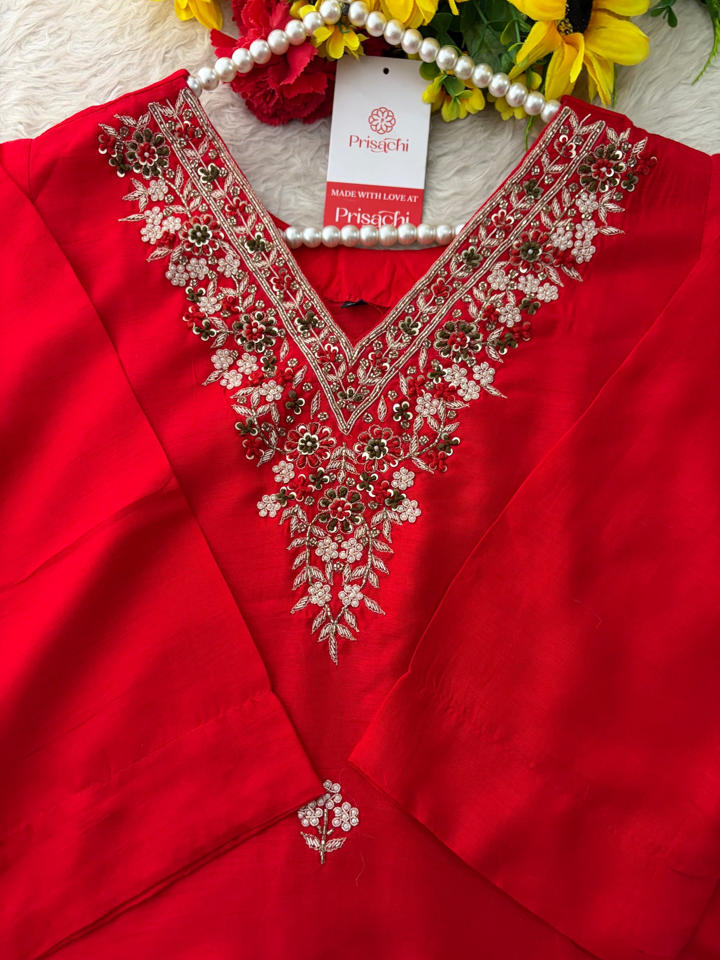 Prisachi Red Zardozi Embroidered Kurta Set Straight Pants with Scalloped Dupatta for Women