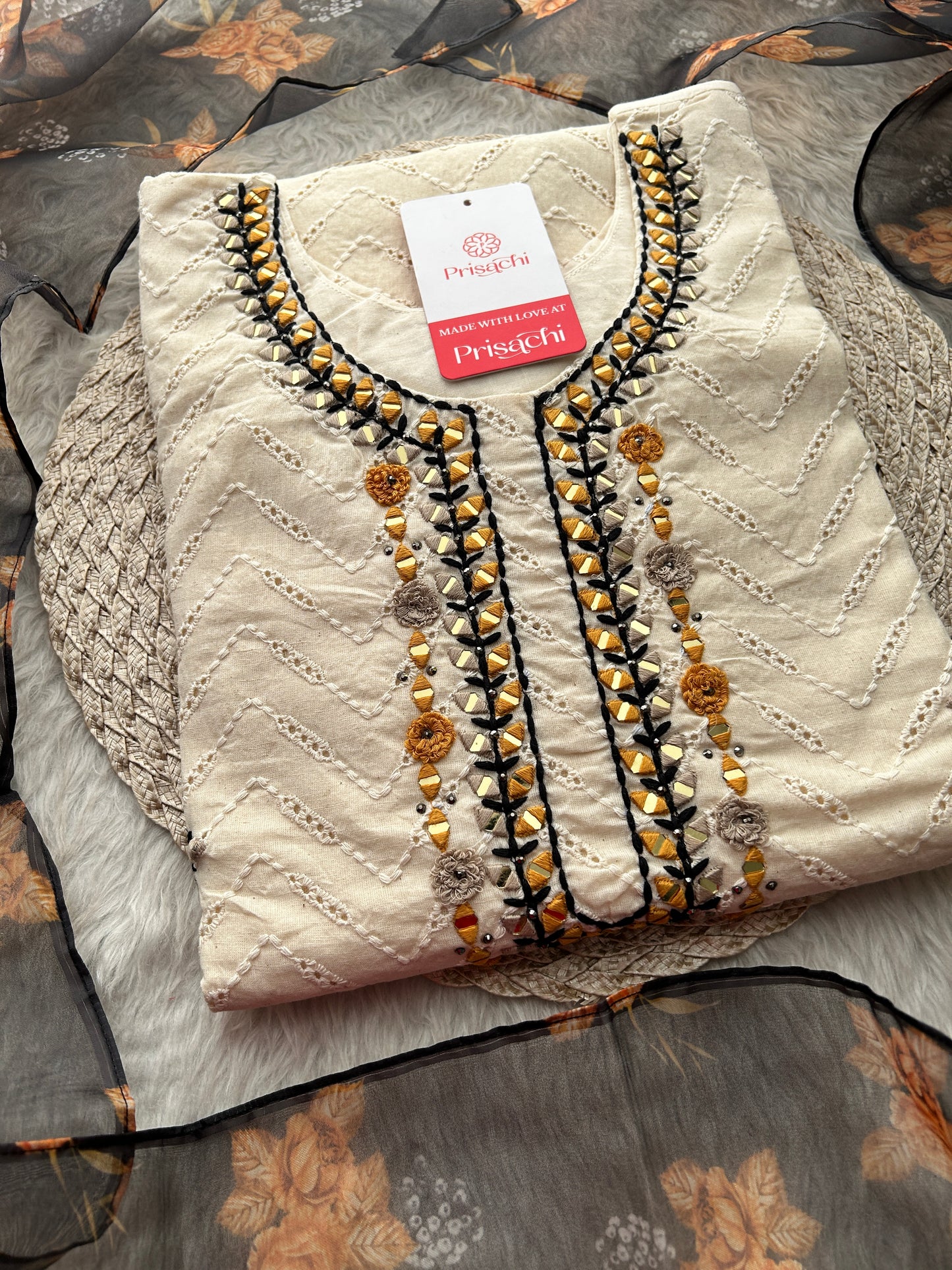 Designer Off White Kurti Set with Black Dupatta & Pants | Thread & Mirror Embroidered Ethnic Wear