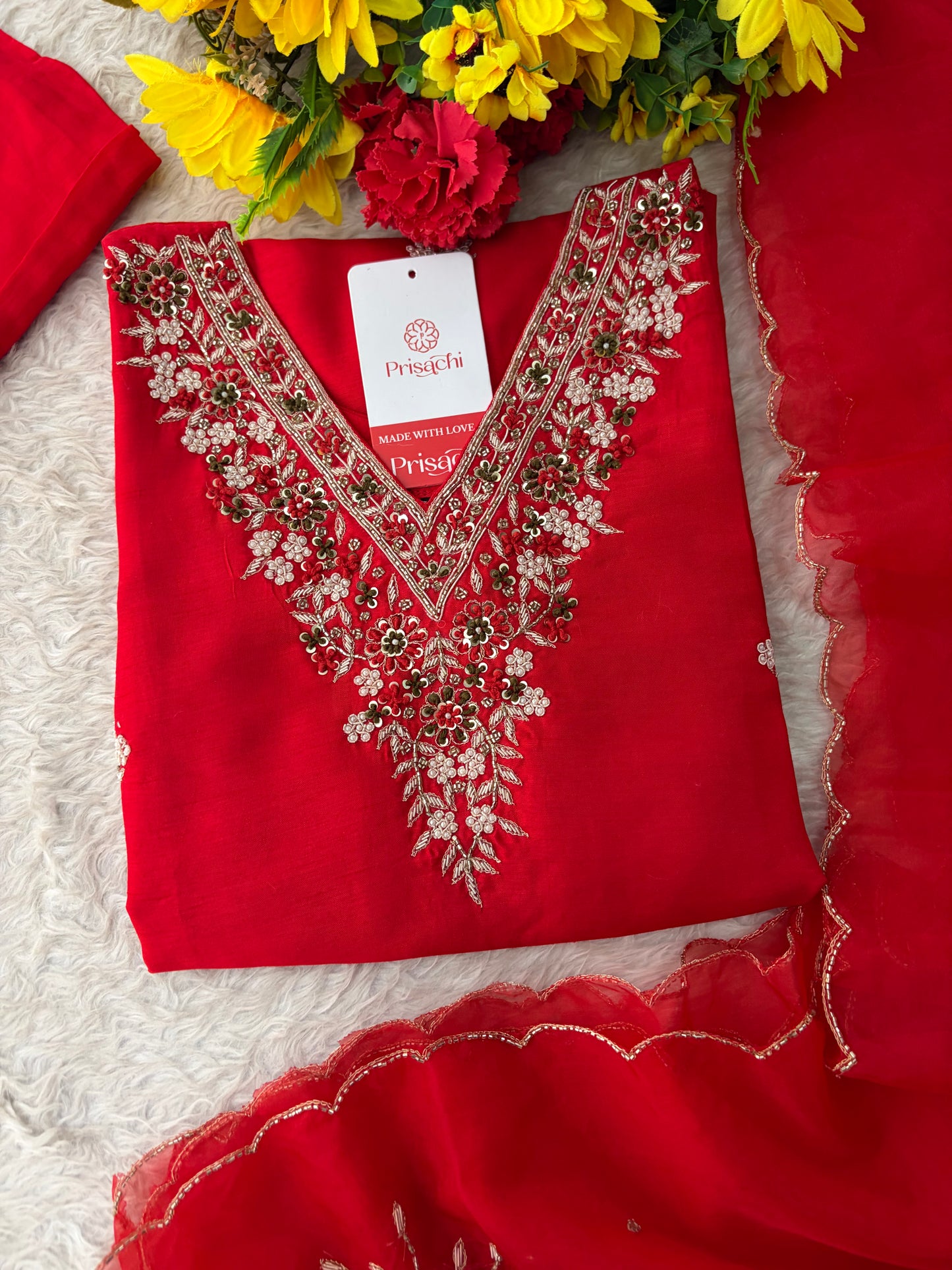 Prisachi Red Zardozi Embroidered Kurta Set Straight Pants with Scalloped Dupatta for Women