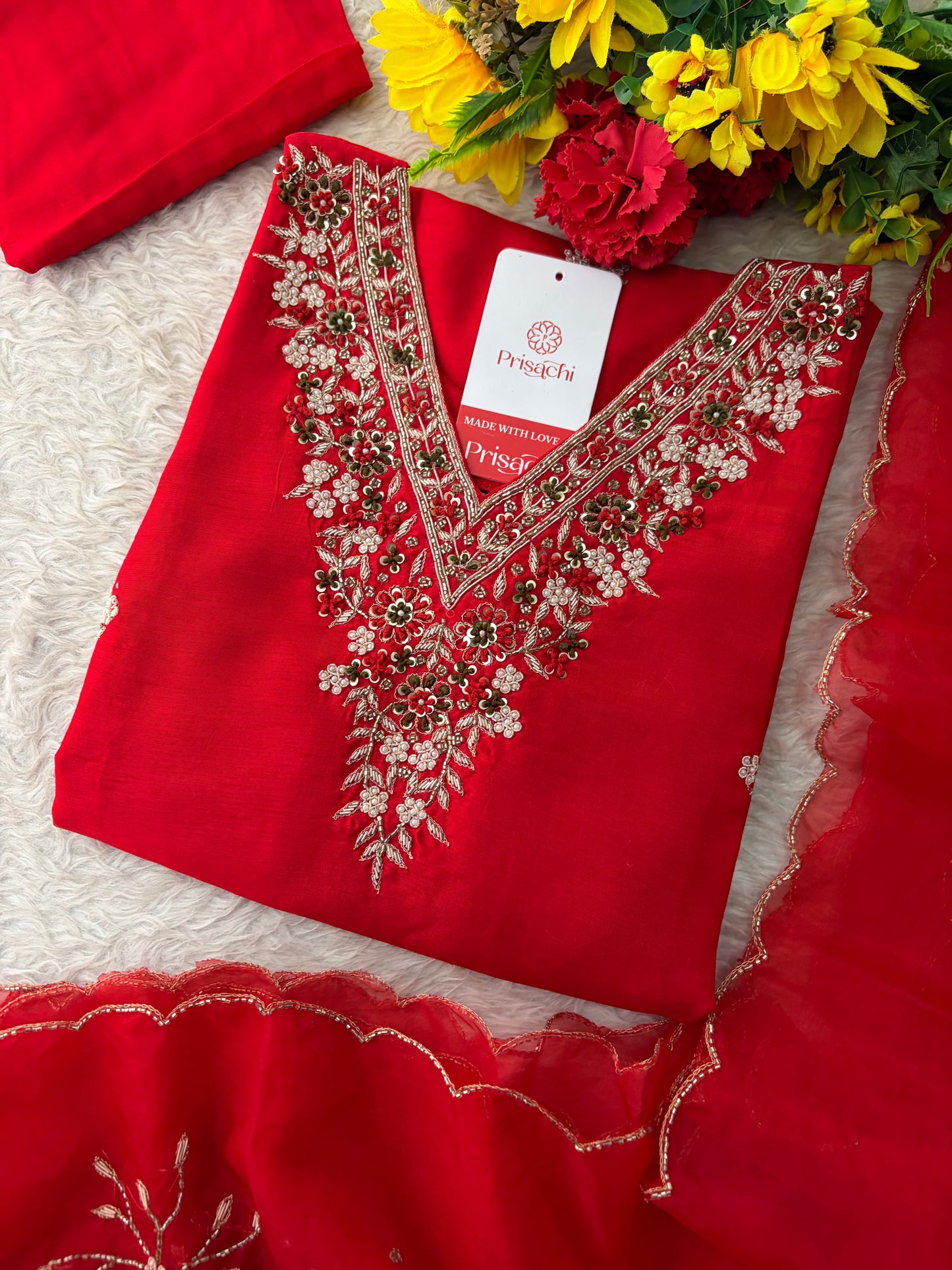 Prisachi Red Zardozi Embroidered Kurta Set Straight Pants with Scalloped Dupatta for Women
