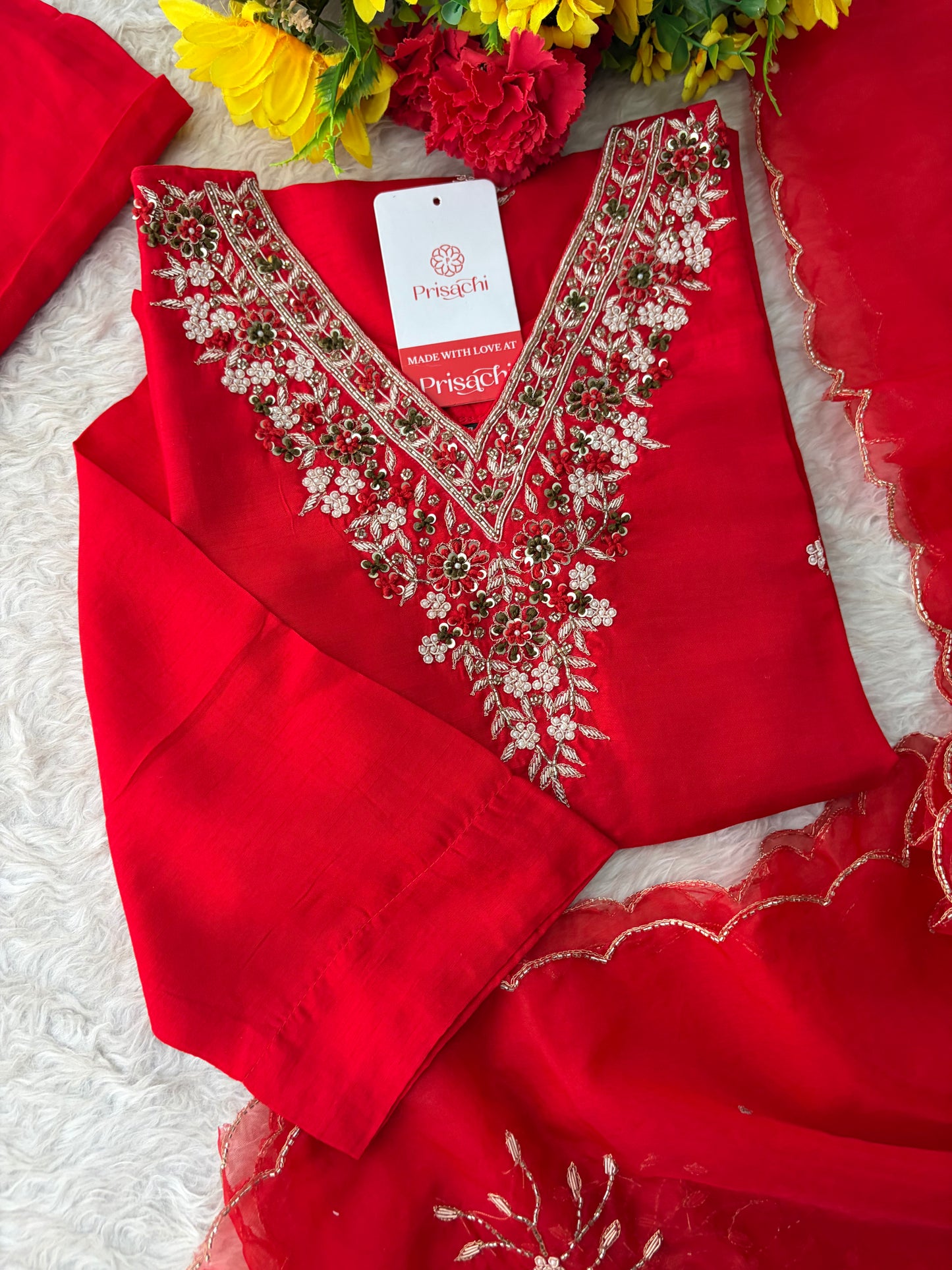 Prisachi Red Zardozi Embroidered Kurta Set Straight Pants with Scalloped Dupatta for Women